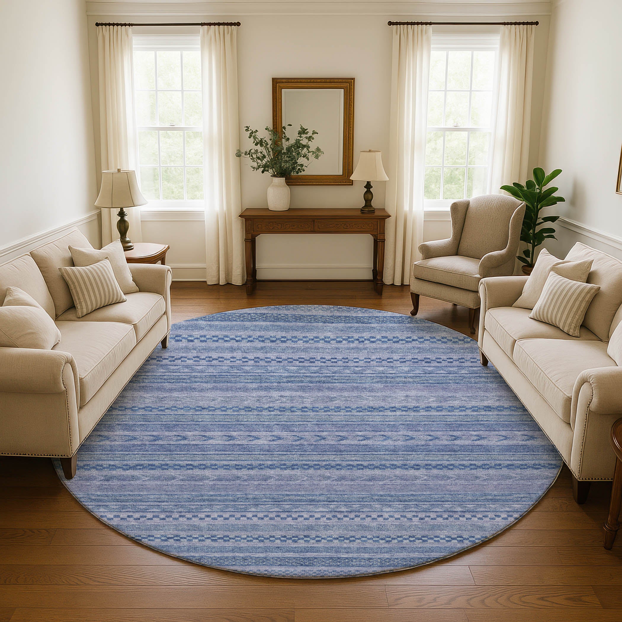 Sarajevo Machine Washable Transitional Denim Blue Rug 8' x 8' #shape_Round