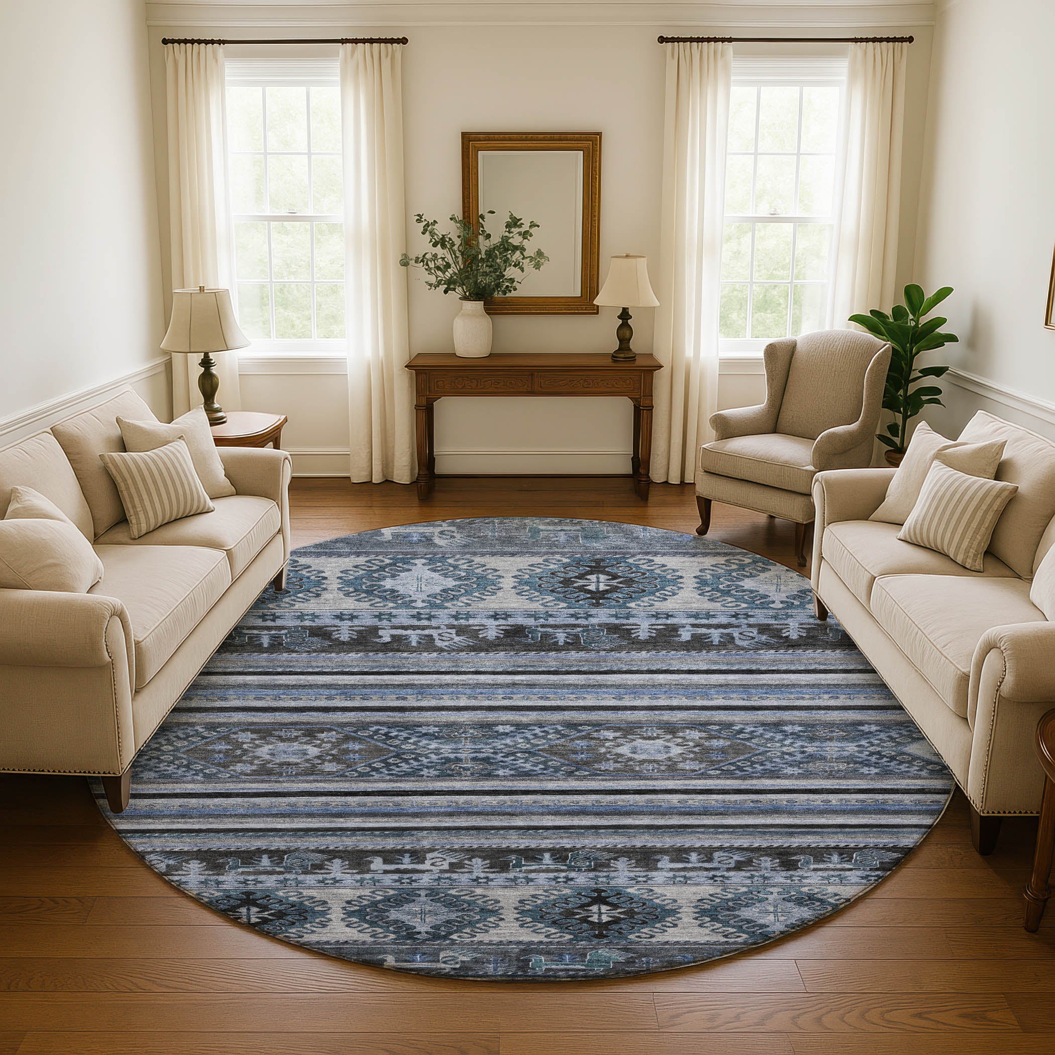 Rome Machine Washable Transitional Blue Rug 8' x 8' #shape_Round