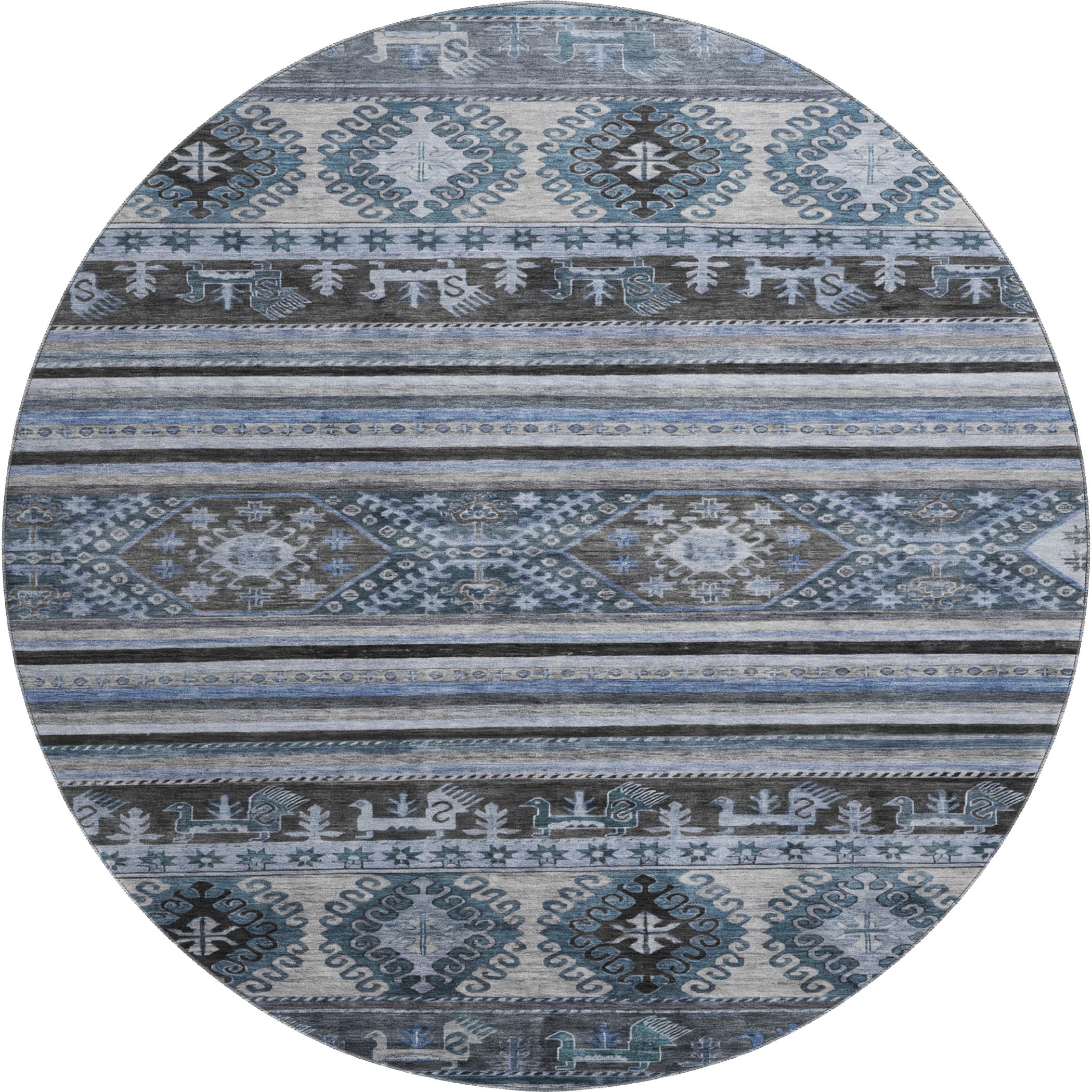 Rome Machine Washable Transitional Blue Rug 8' x 8' #shape_Round