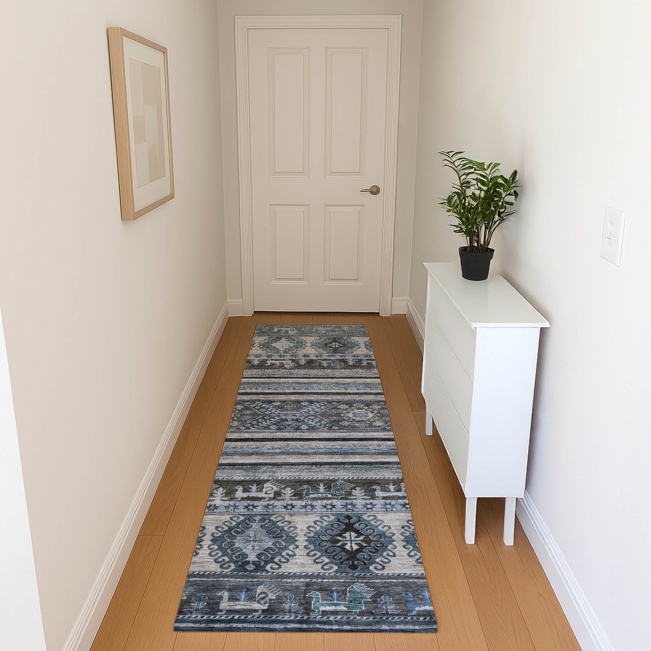 Rome Machine Washable Transitional Blue Rug 2'3" x 7'6" #shape_Runner