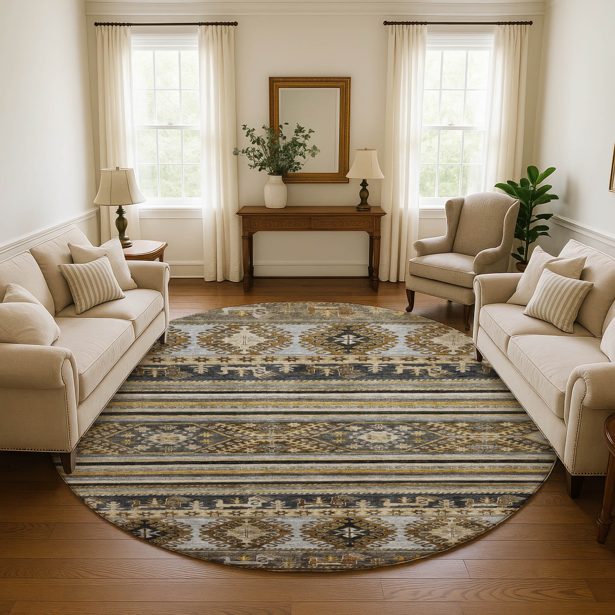 Rome Machine Washable Transitional Chocolate Brown Rug 8' x 8' #shape_Round