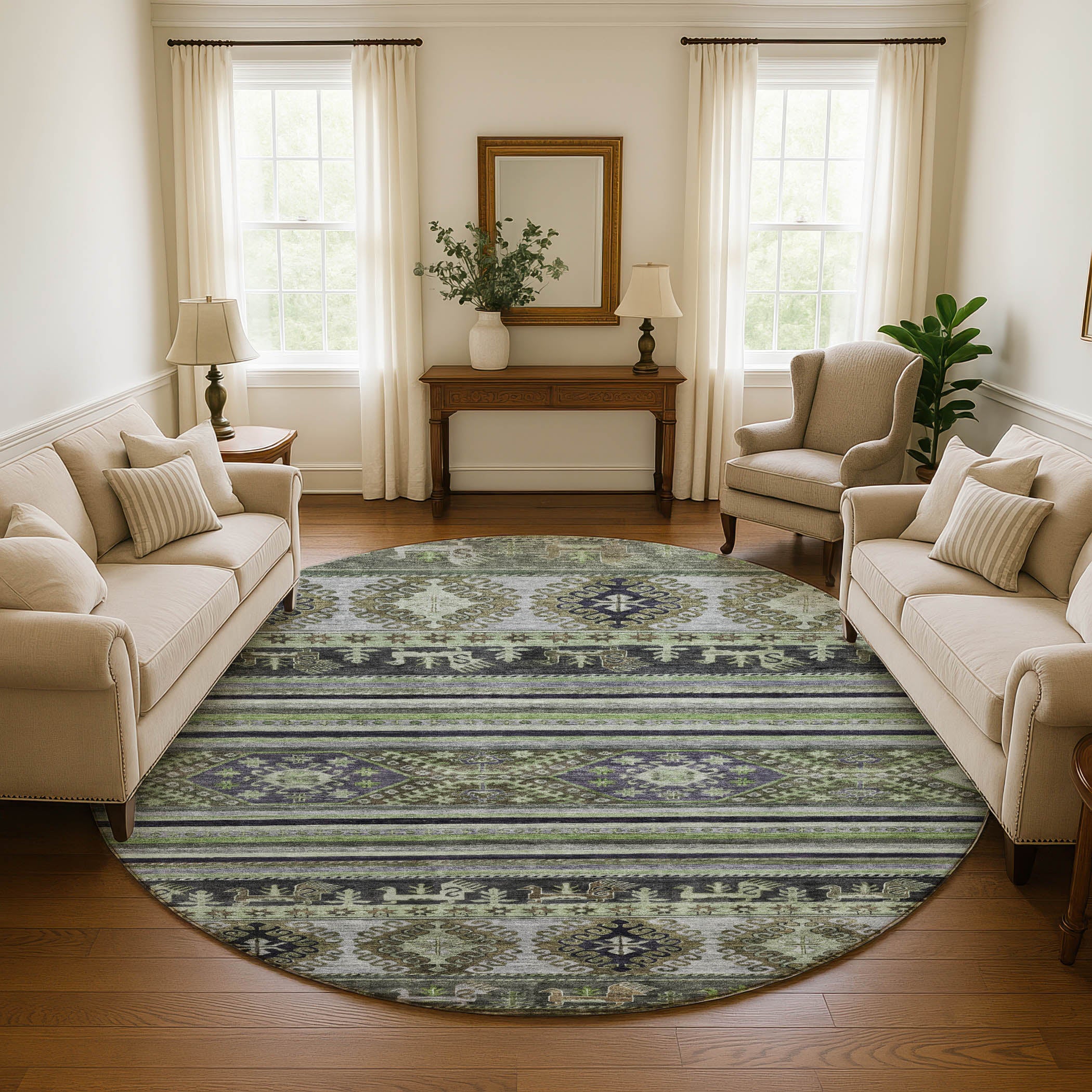 Rome Machine Washable Transitional Fern Green Rug 8' x 8' #shape_Round