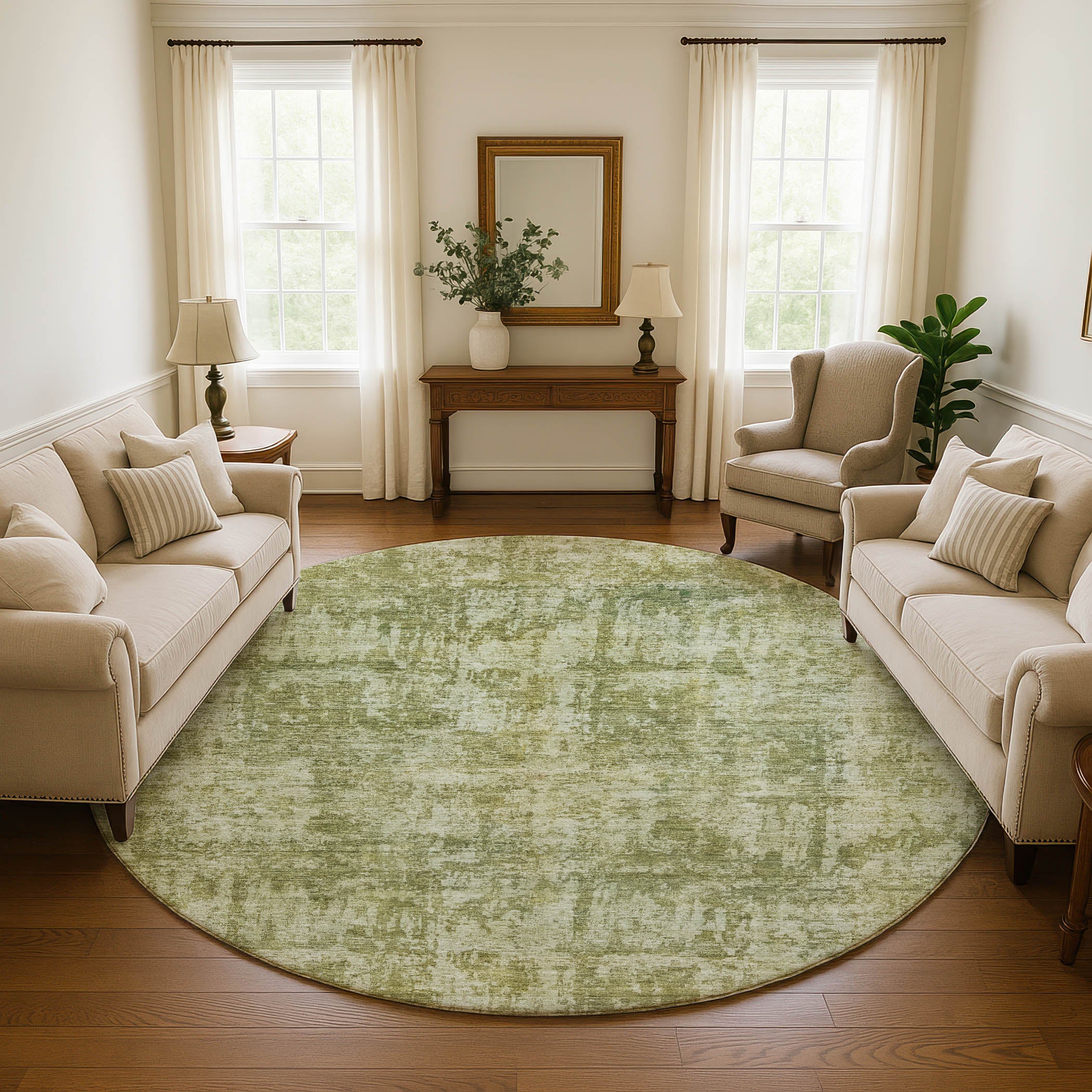 Queenstown Machine Washable Transitional Aloe Green Rug 8' x 8' #shape_Round