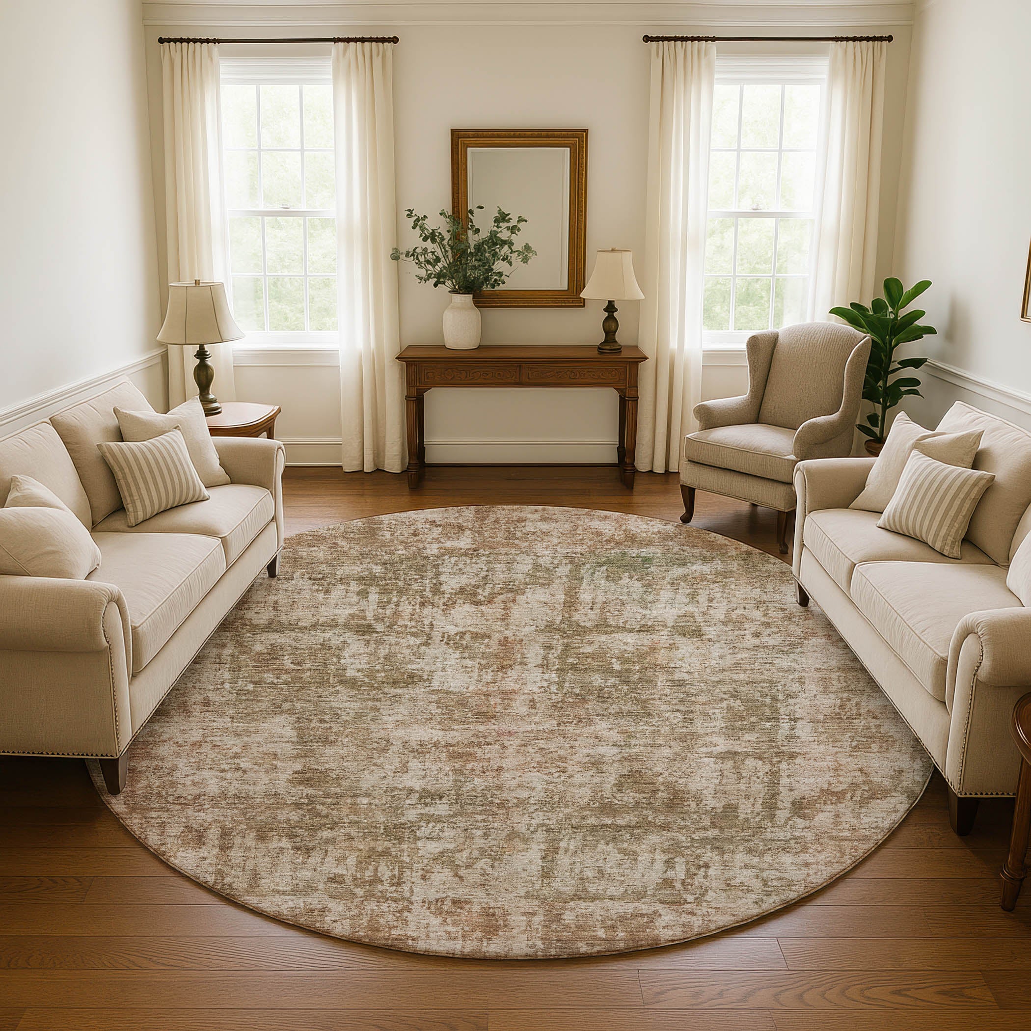 Queenstown Machine Washable Transitional Beige Brown Rug 8' x 8' #shape_Round