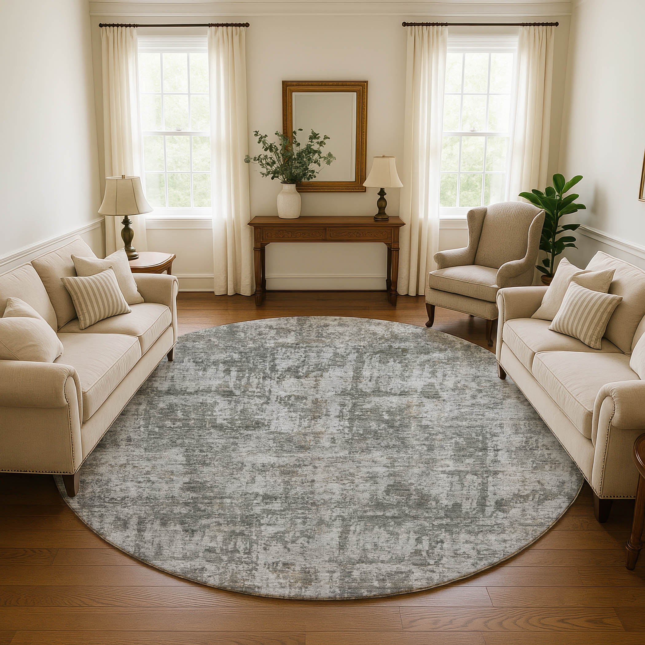 Queenstown Machine Washable Transitional Pewter Gray Rug 8' x 8' #shape_Round
