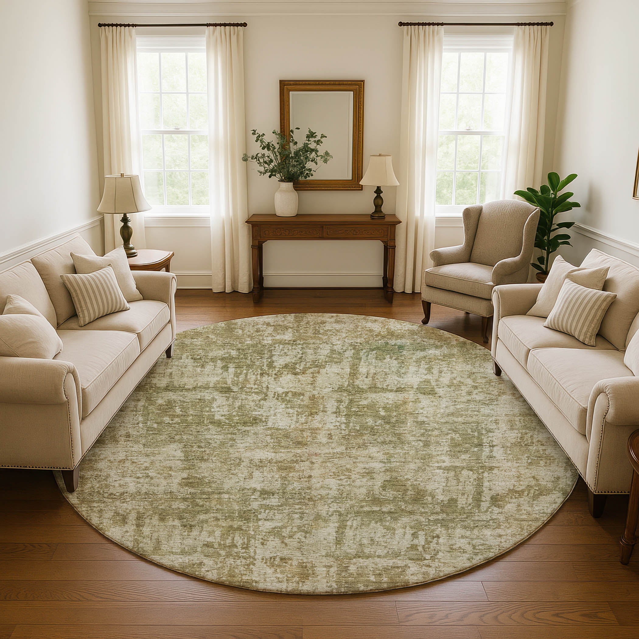 Queenstown Machine Washable Transitional Taupe Brown Rug 8' x 8' #shape_Round