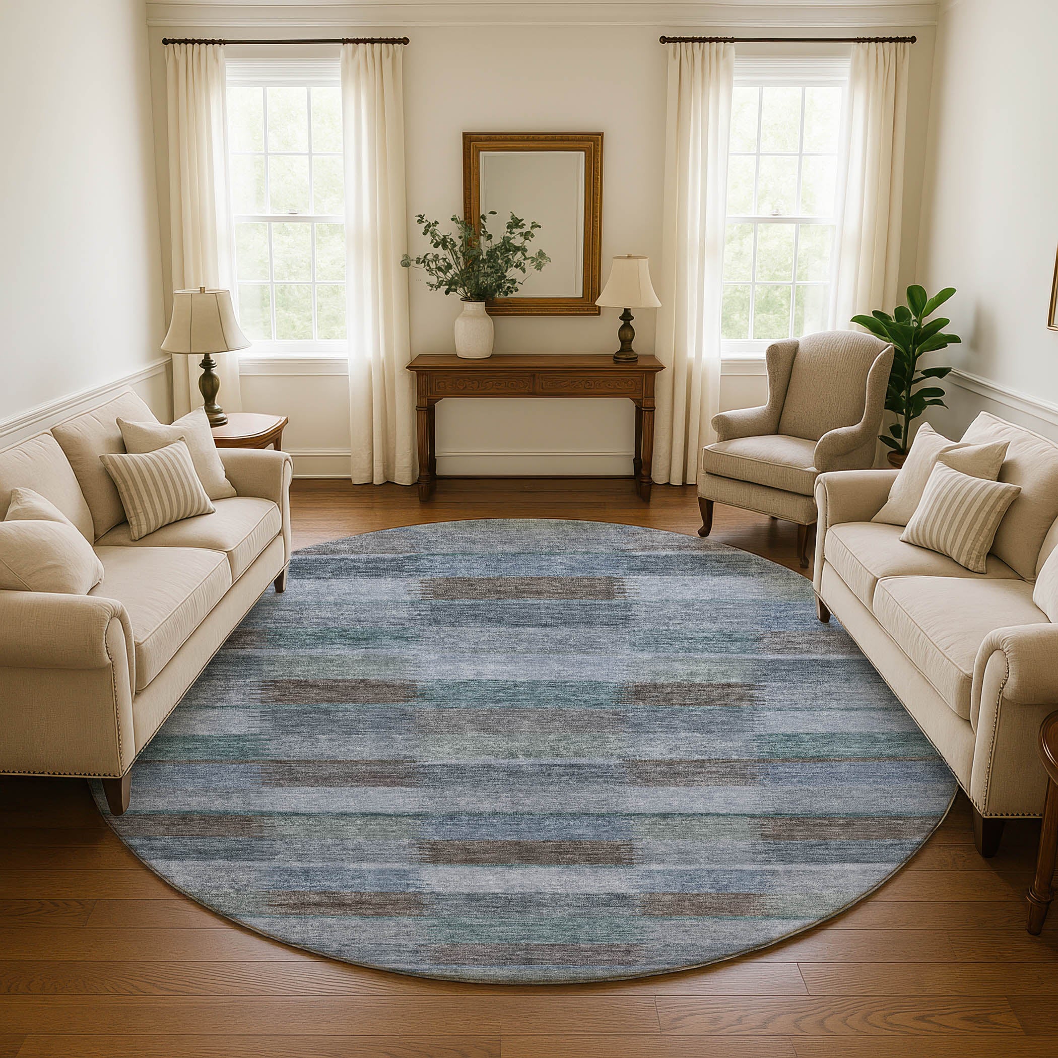 Bergen Machine Washable Transitional Blue Rug 8' x 8' #shape_Round