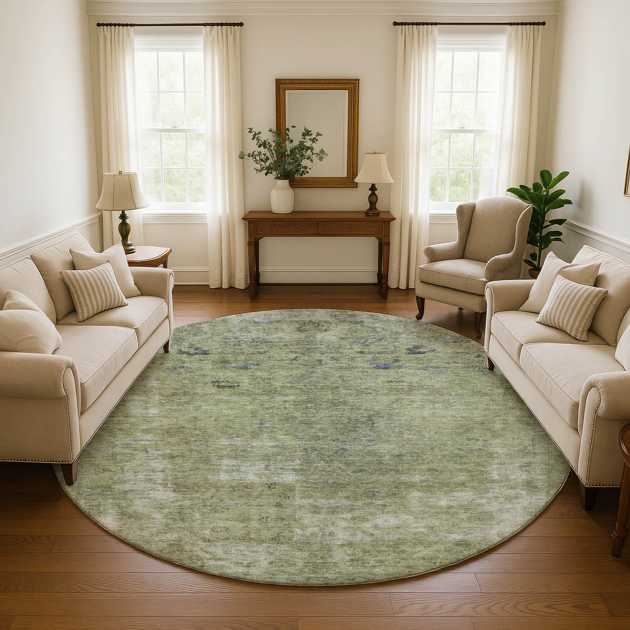 Dublin Machine Washable Traditional Aloe Green Rug 8' x 8' #shape_Round