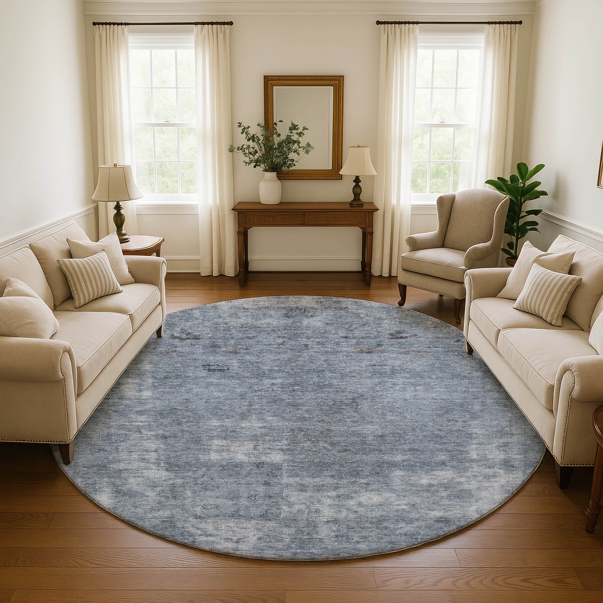 Dublin Machine Washable Traditional Blue Rug 8' x 8' #shape_Round