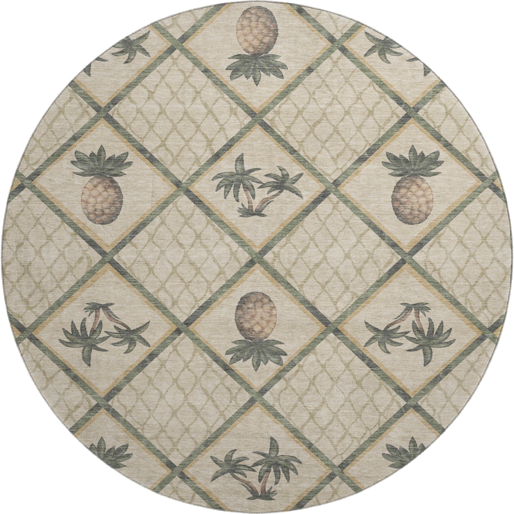 Valletta Machine Washable Kitchen Palm Beige Rug 8' x 8' #shape_Round