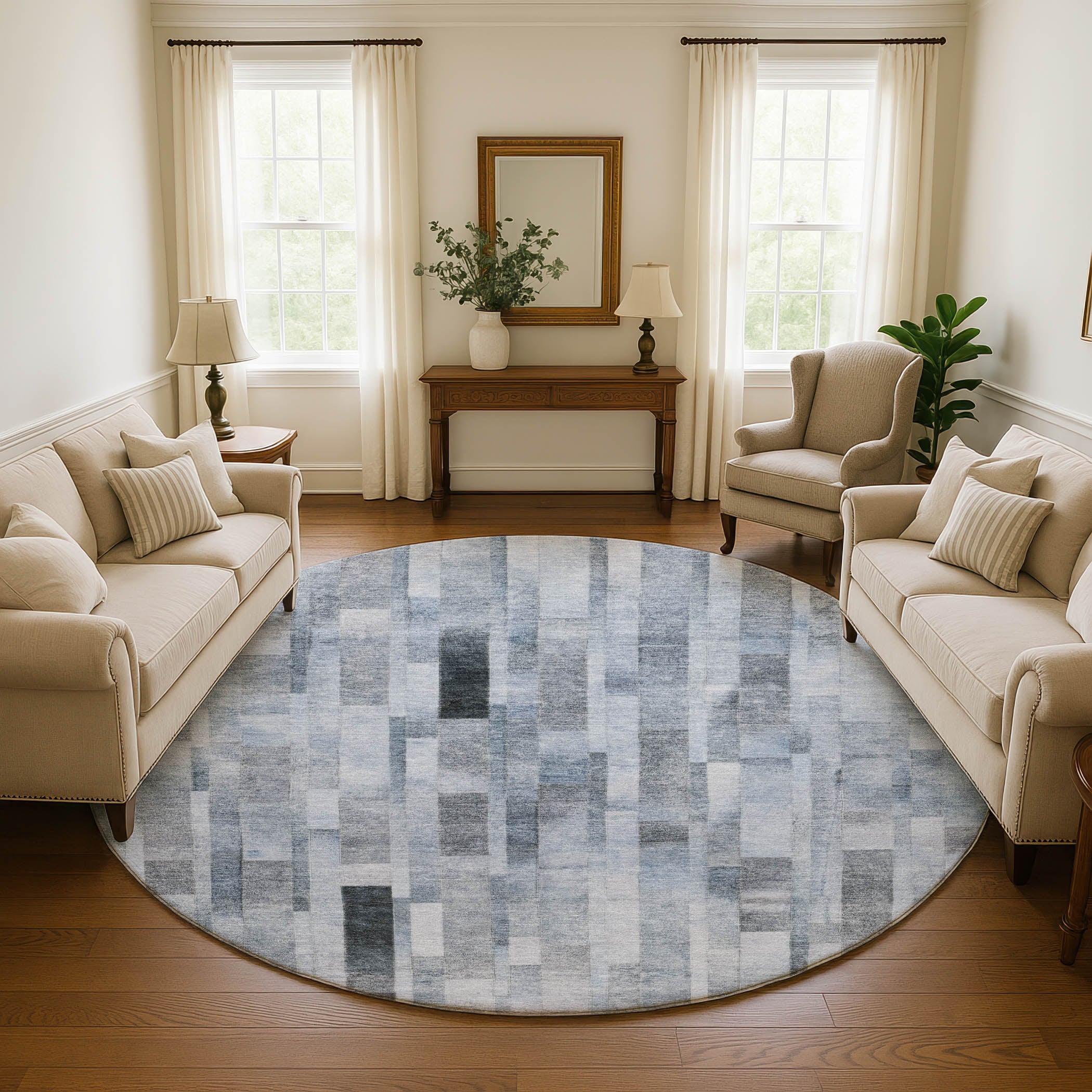 Siena Machine Washable Transitional Blue Rug 8' x 8' #shape_Round