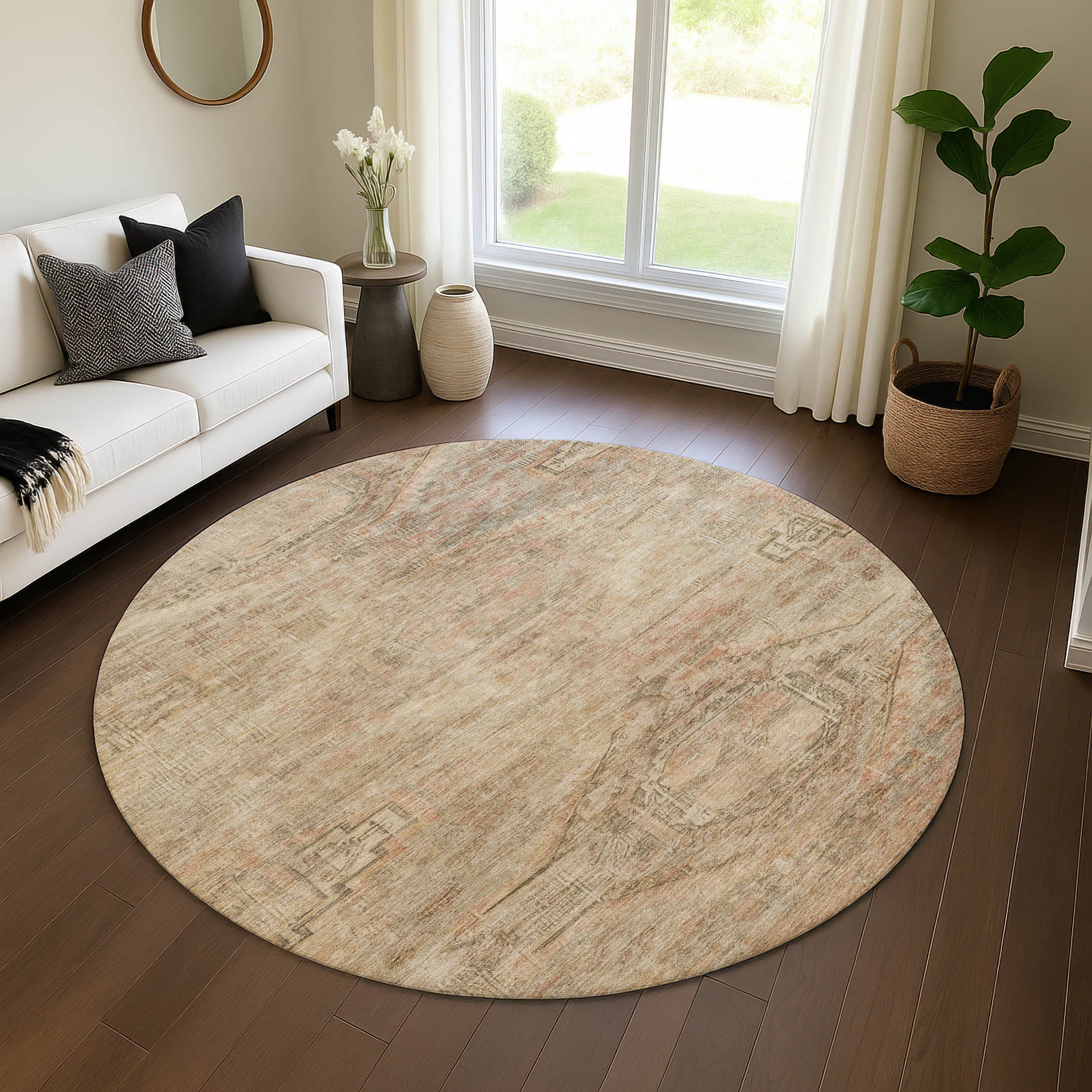Santorini Machine Washable Traditional Beige Brown Rug 8' x 8' #shape_Round
