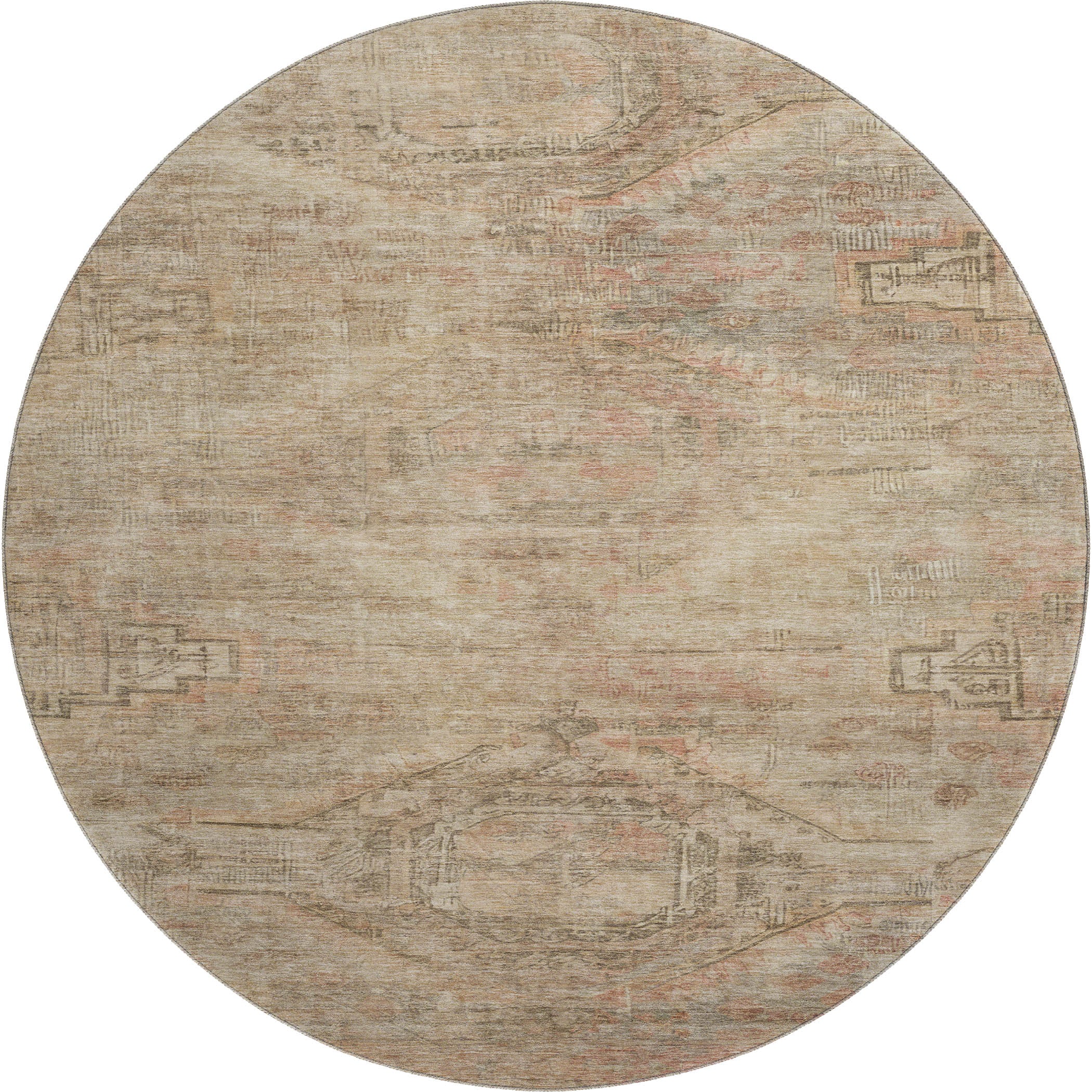 Santorini Machine Washable Traditional Beige Brown Rug 8' x 8' #shape_Round