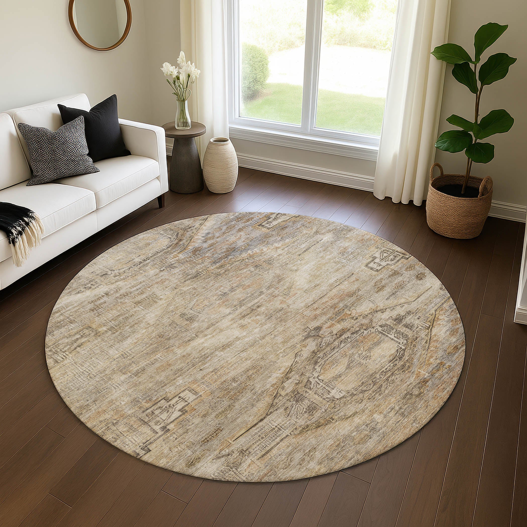 Santorini Machine Washable Traditional Brown Rug 8' x 8' #shape_Round