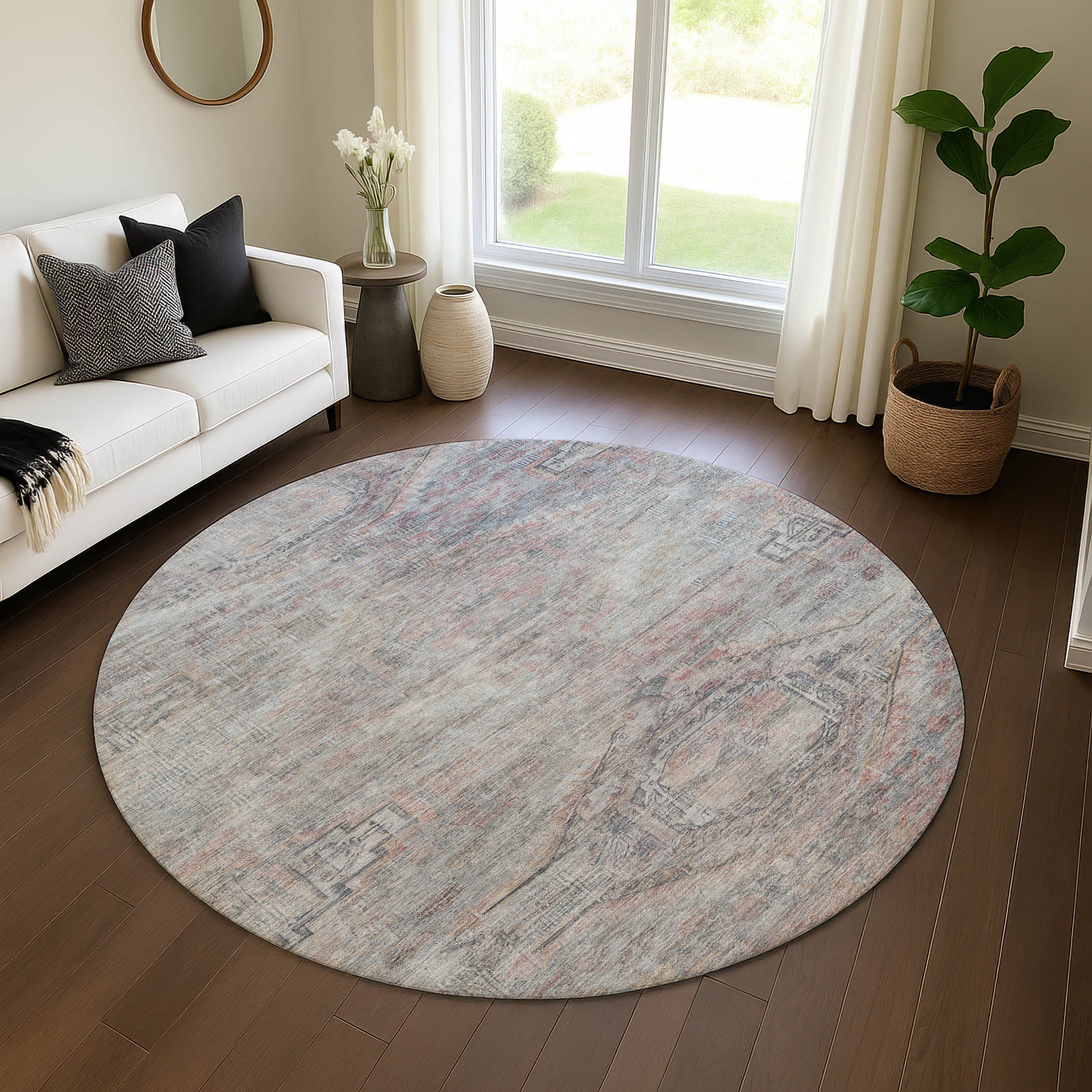 Santorini Machine Washable Traditional Pewter Gray Rug 8' x 8' #shape_Round