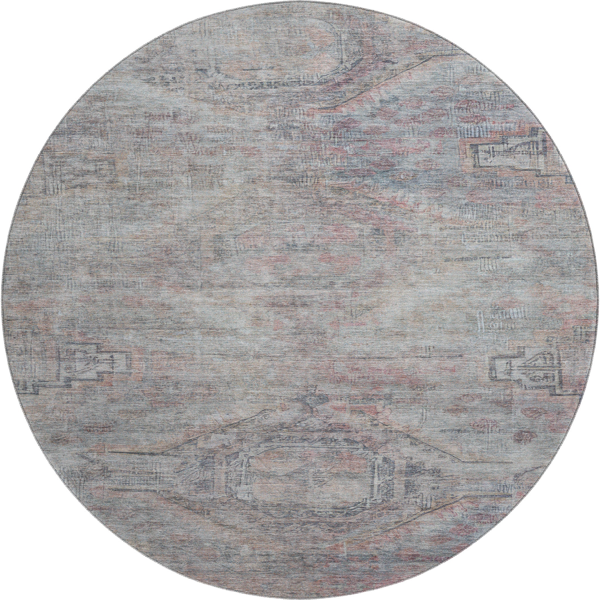 Santorini Machine Washable Traditional Pewter Gray Rug 8' x 8' #shape_Round