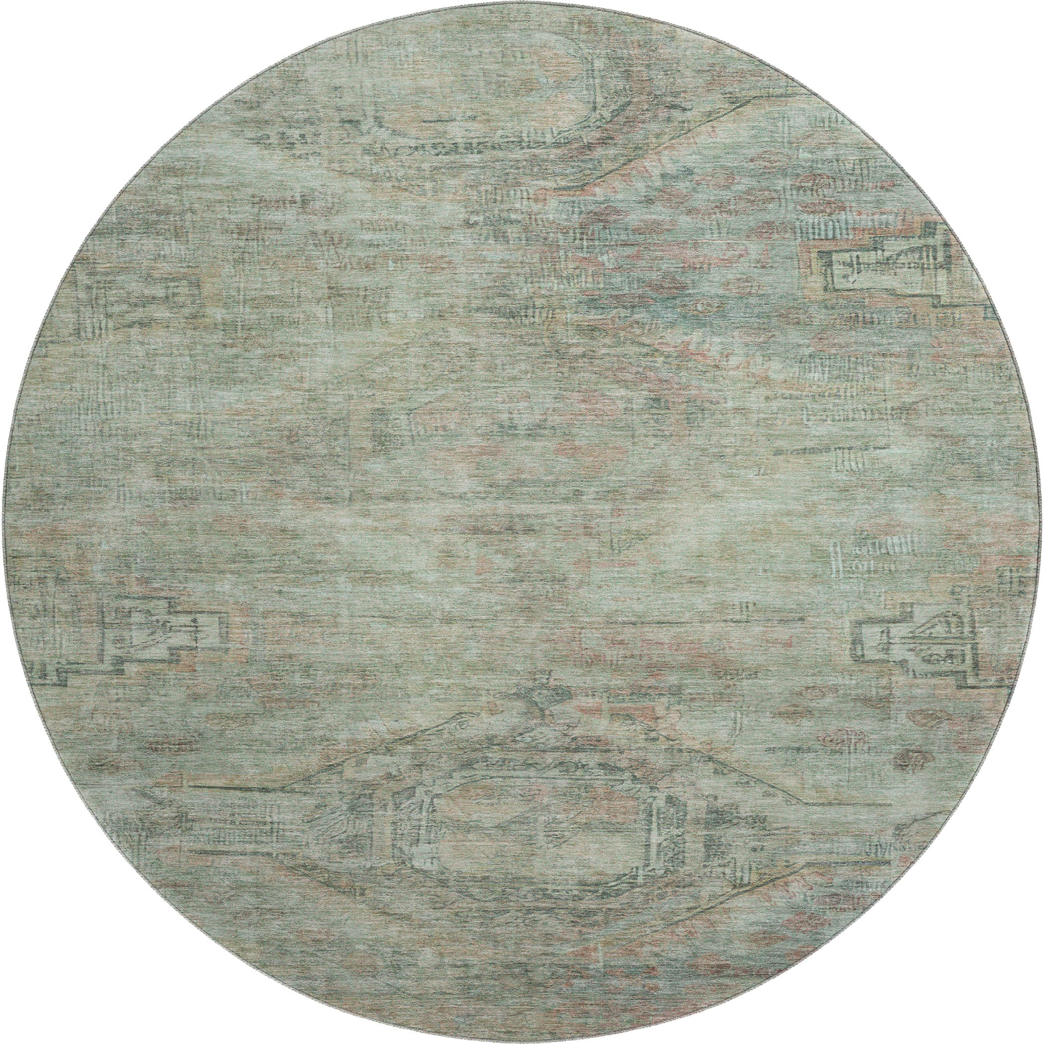 Santorini Machine Washable Traditional Teal Rug 8' x 8' #shape_Round