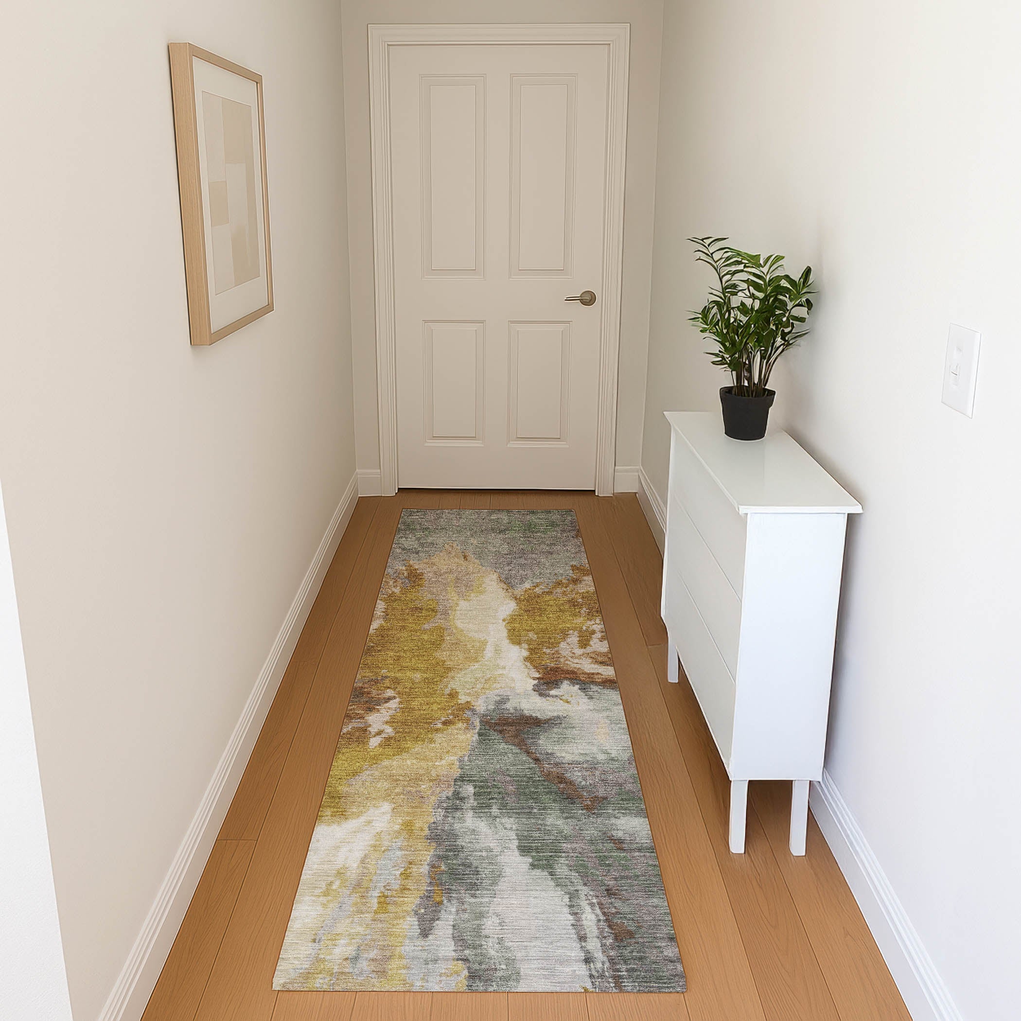 Oaxaca Machine Washable Transitional Gold Rug 2'3" x 7'6" #shape_Runner