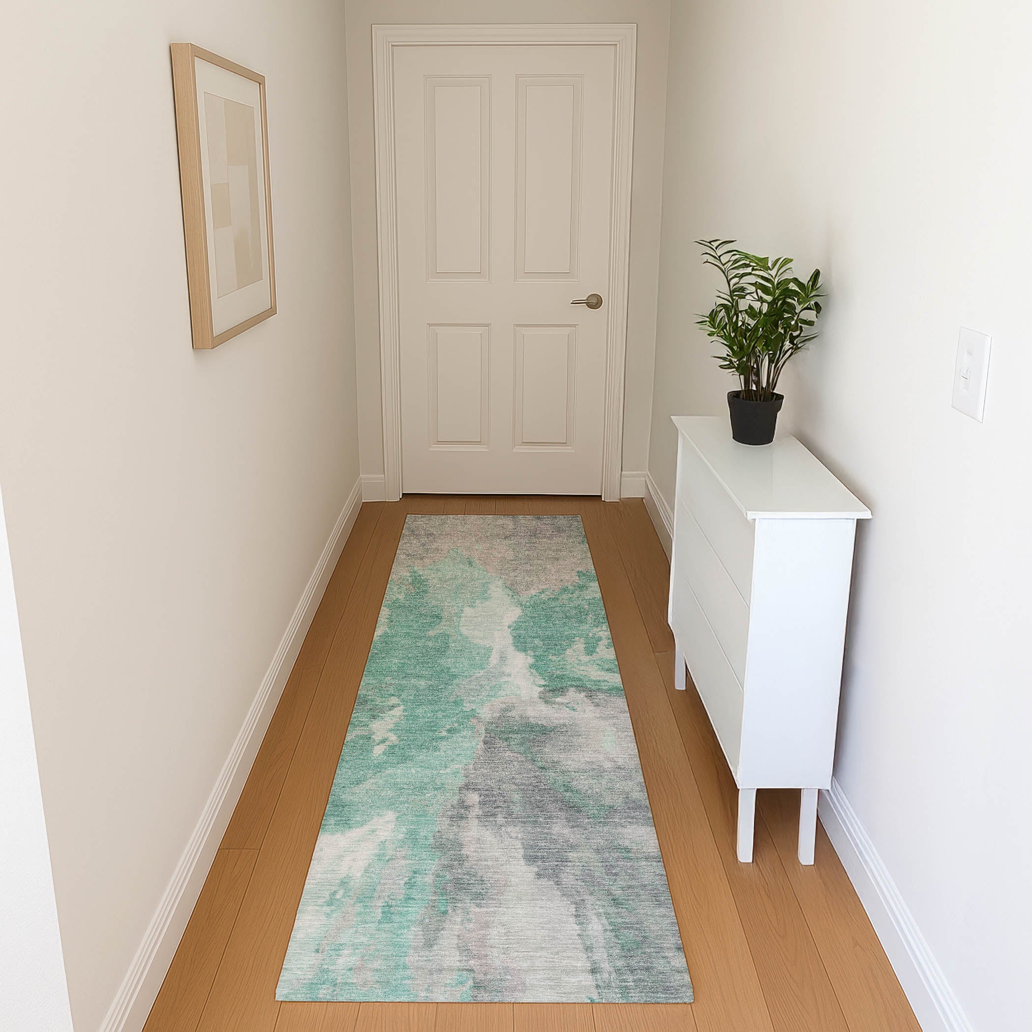Oaxaca Machine Washable Transitional Teal Rug 2'3" x 7'6" #shape_Runner