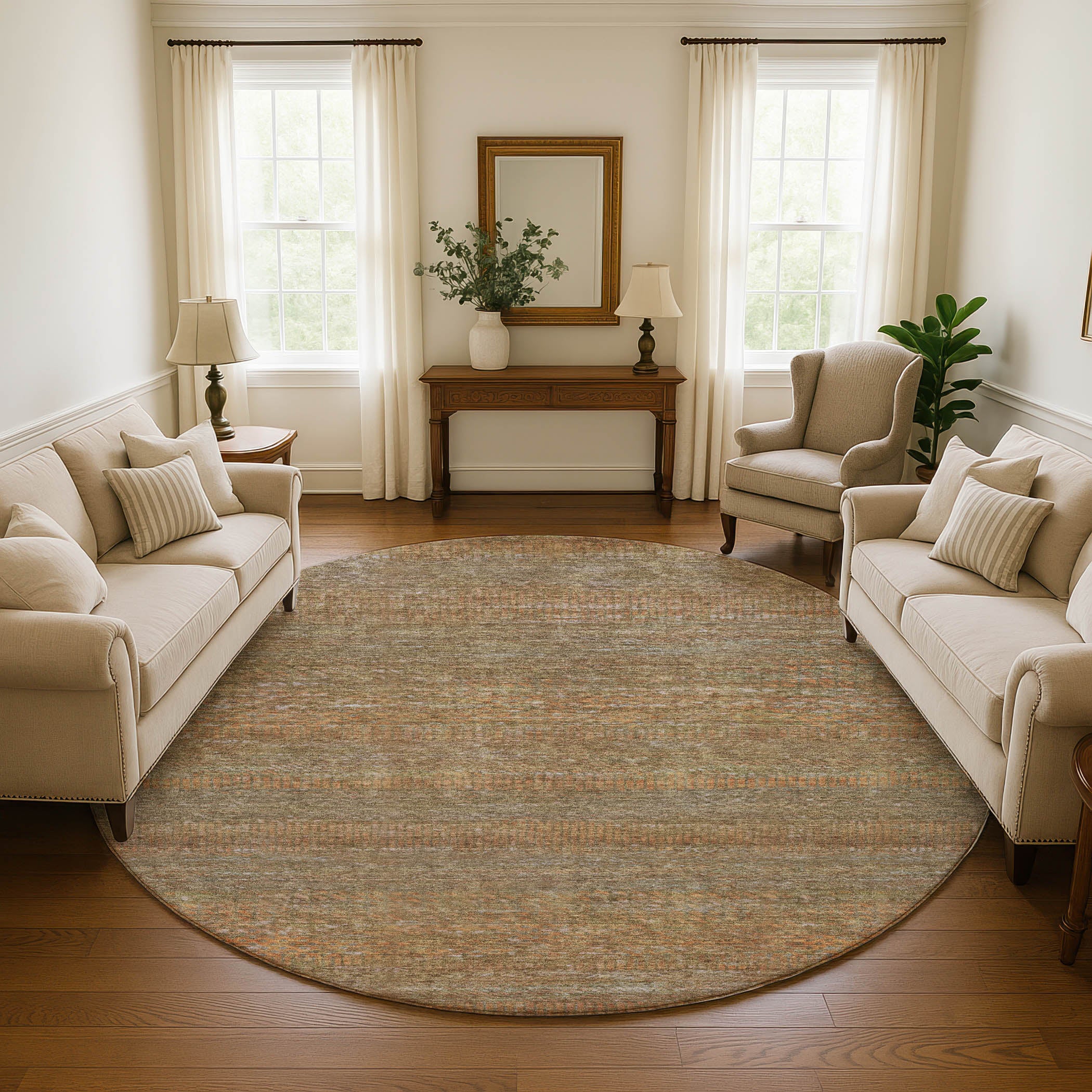 Nairobi Machine Washable Transitional Taupe Brown Rug 8' x 8' #shape_Round