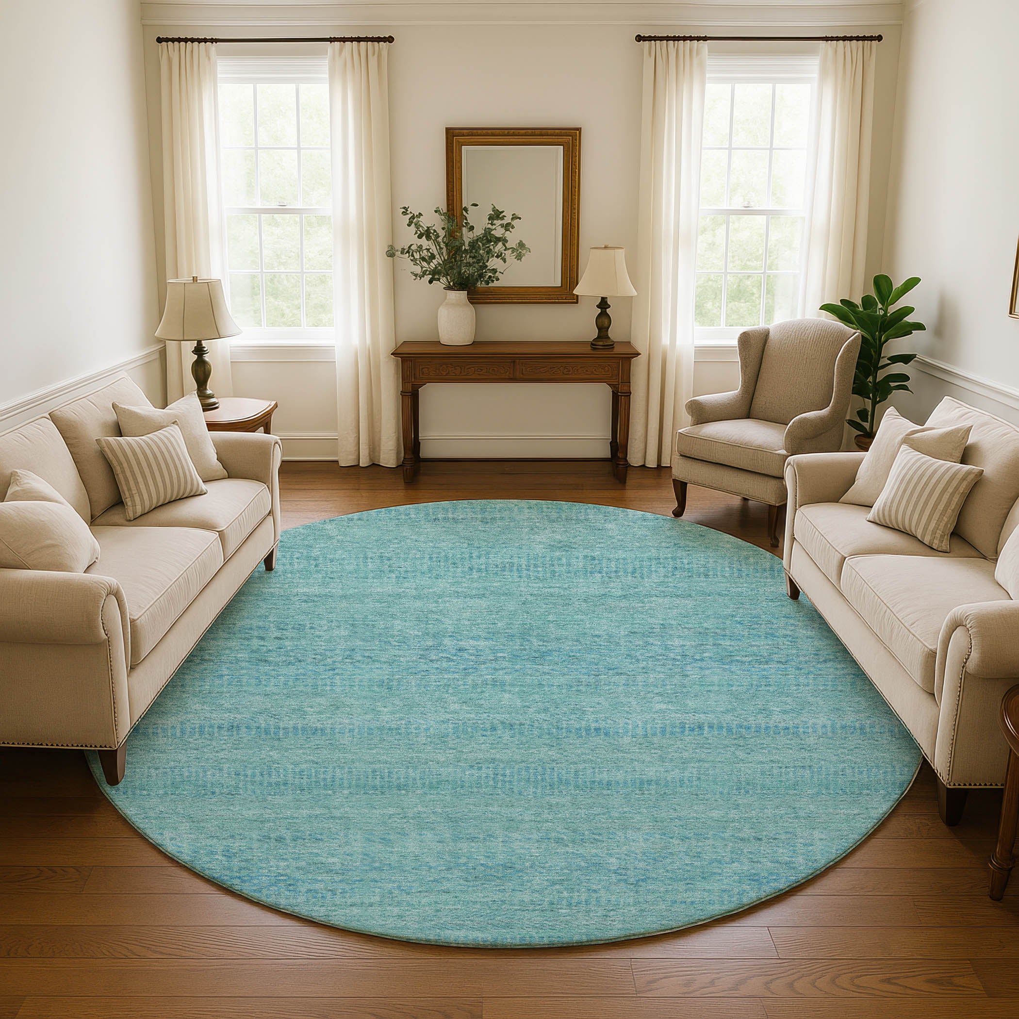 Kyoto Machine Washable Transitional Aqua Teal Rug 8' x 8' #shape_Round
