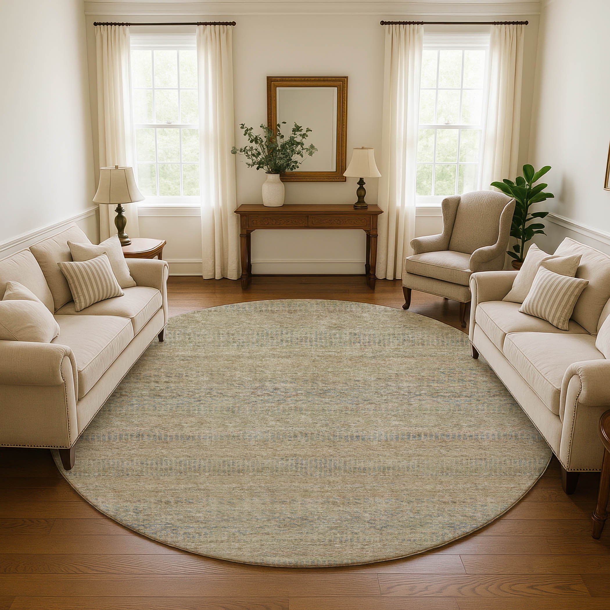 Kyoto Machine Washable Transitional Beige Brown Rug 8' x 8' #shape_Round