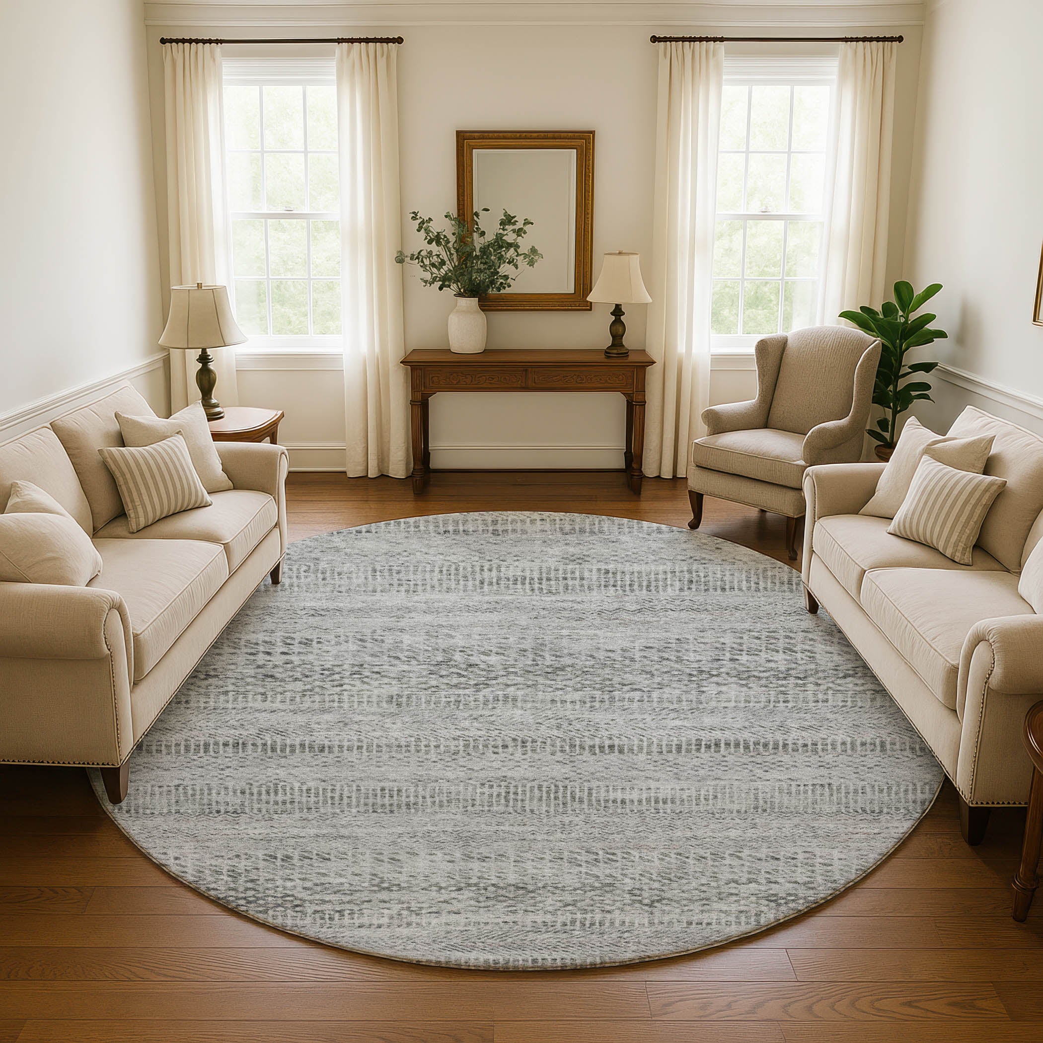Kyoto Machine Washable Transitional Gray Rug 8' x 8' #shape_Round
