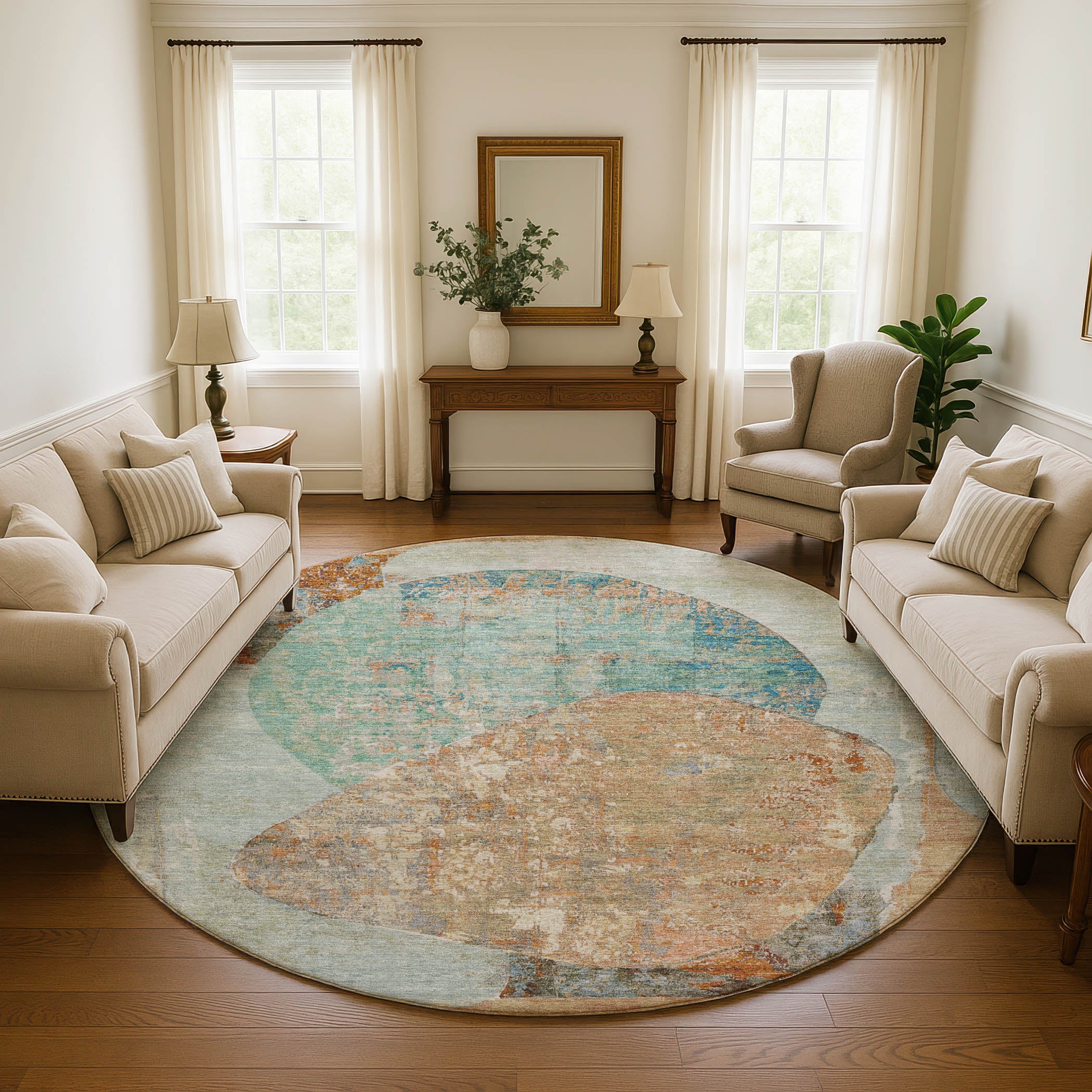 Jaipur Machine Washable Transitional Teal Rug 8' x 8' #shape_Round