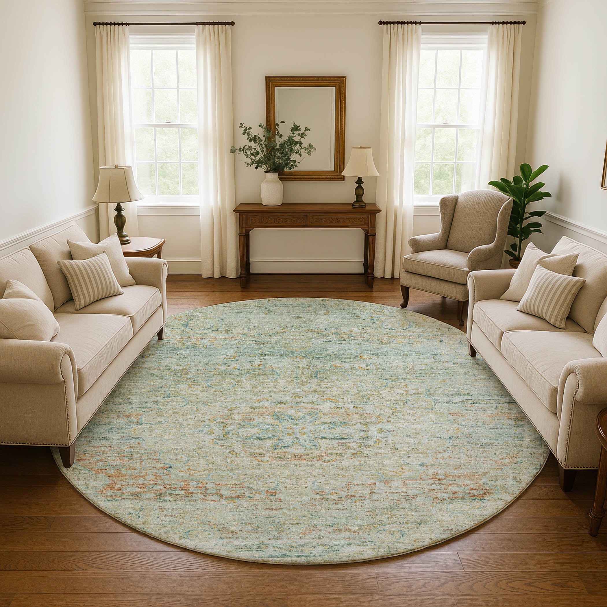 Porto Machine Washable Traditional Sage Green Rug 8' x 8' #shape_Round