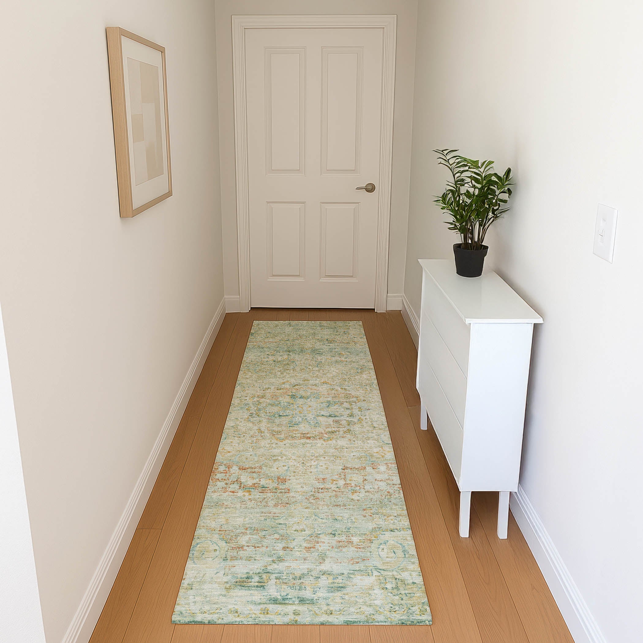 Porto Machine Washable Traditional Sage Green Rug 2'3" x 7'6" #shape_Runner