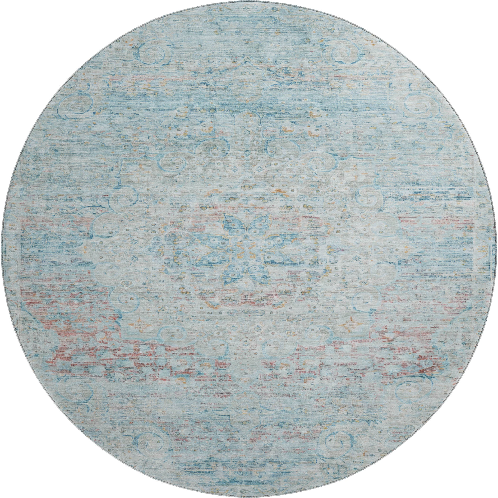 Porto Machine Washable Traditional Sky Blue Rug 8' x 8' #shape_Round