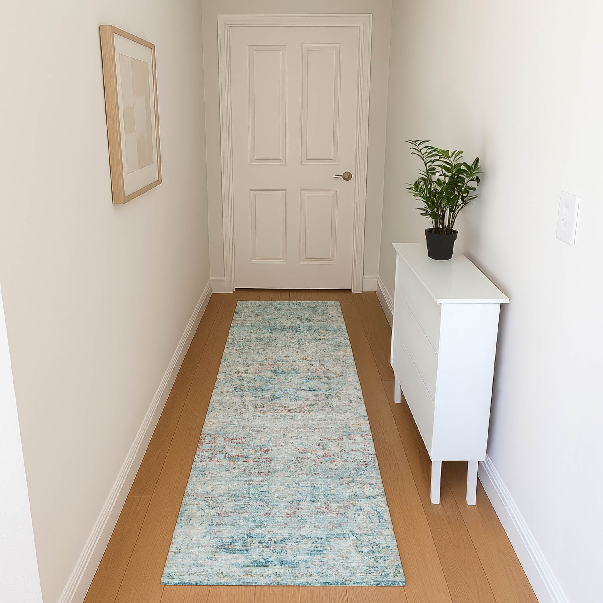 Porto Machine Washable Traditional Sky Blue Rug 2'3" x 7'6" #shape_Runner
