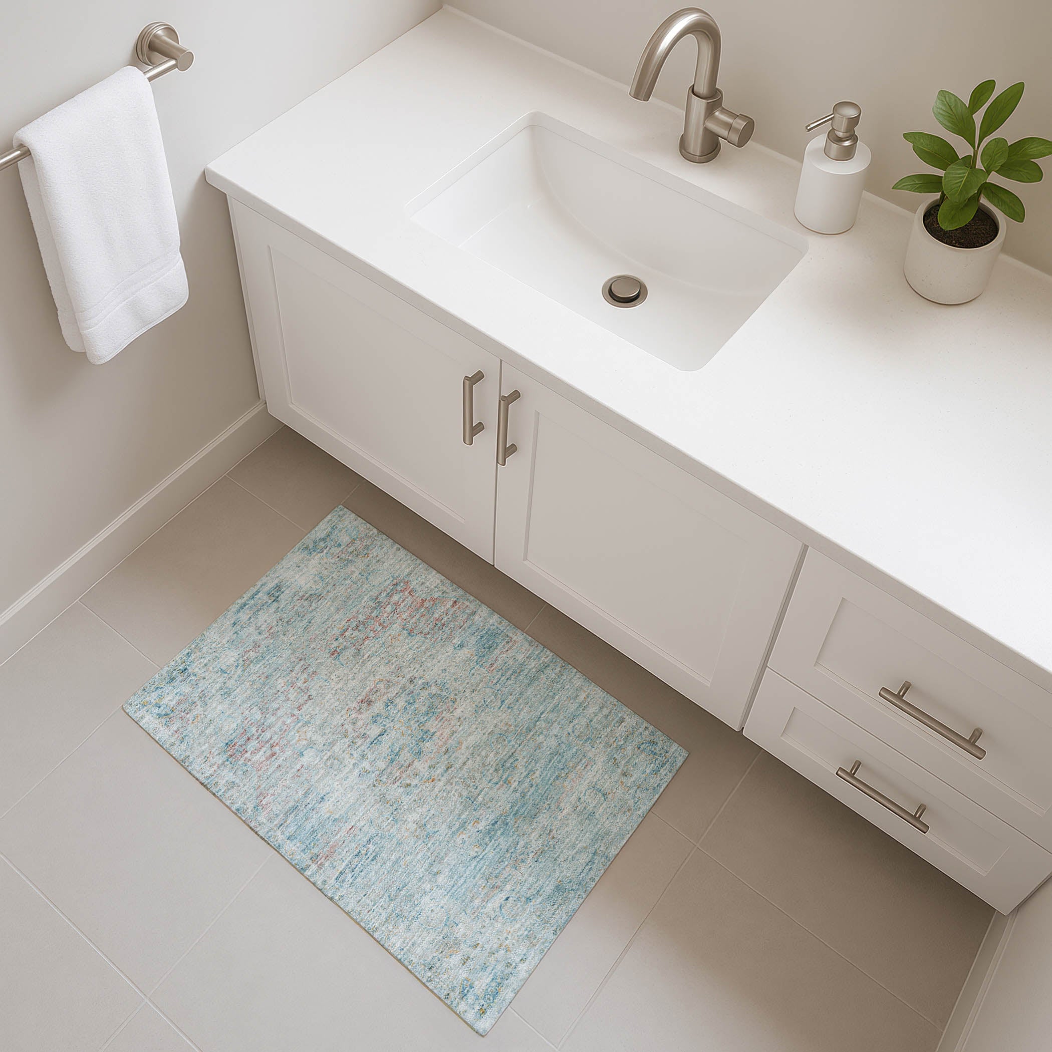 Porto Machine Washable Traditional Sky Blue Rug 1'8" x 2'6" #shape_Rectangle