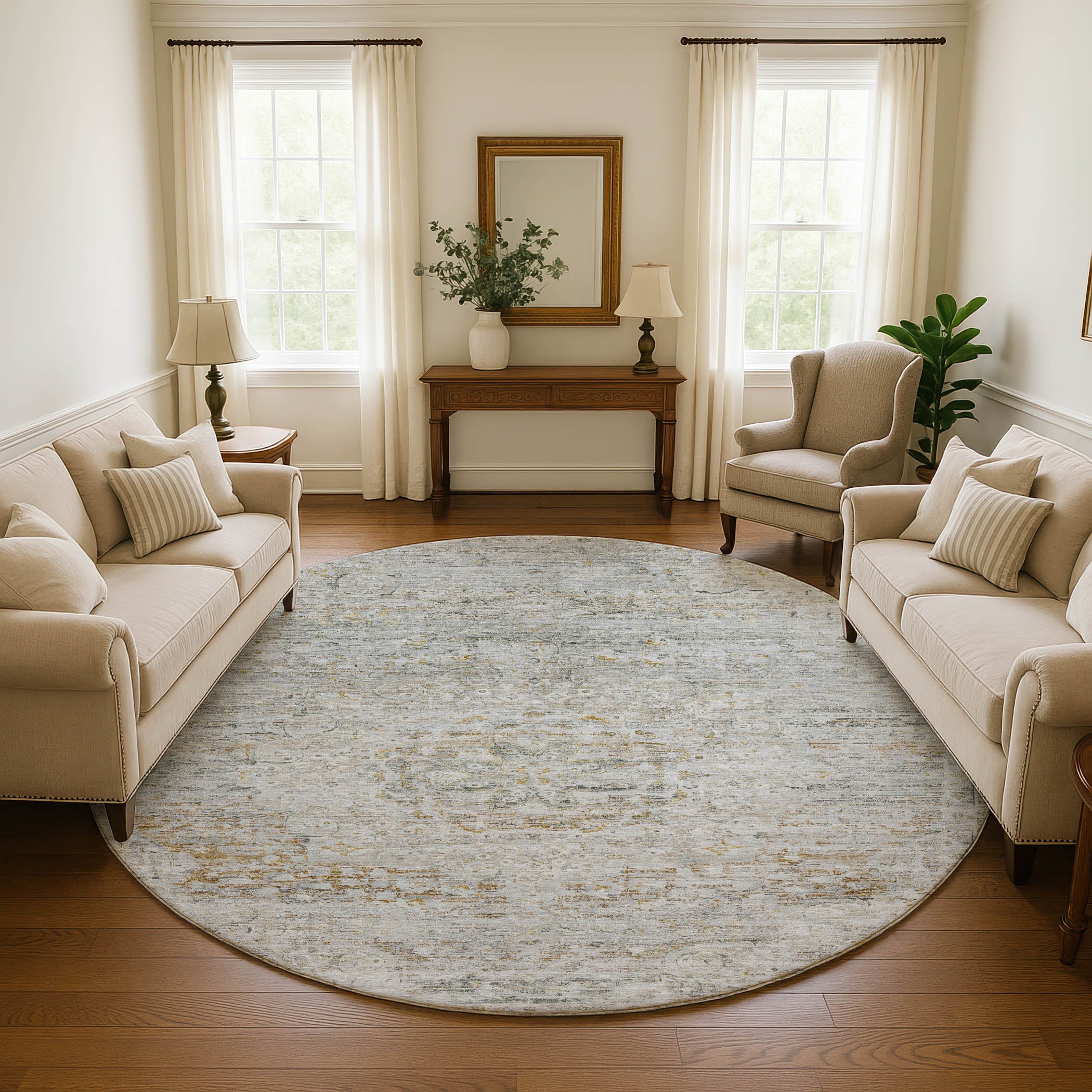 Porto Machine Washable Traditional Taupe Brown Rug 8' x 8' #shape_Round