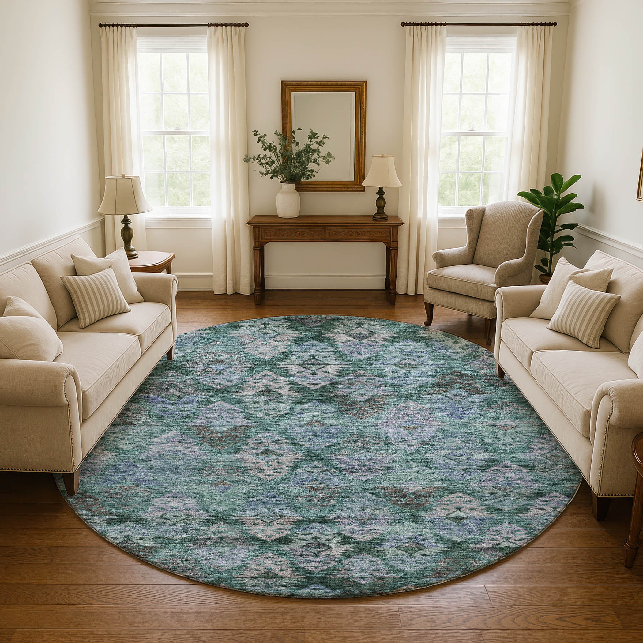 Bruges Machine Washable Transitional Emerald Green Rug 8' x 8' #shape_Round