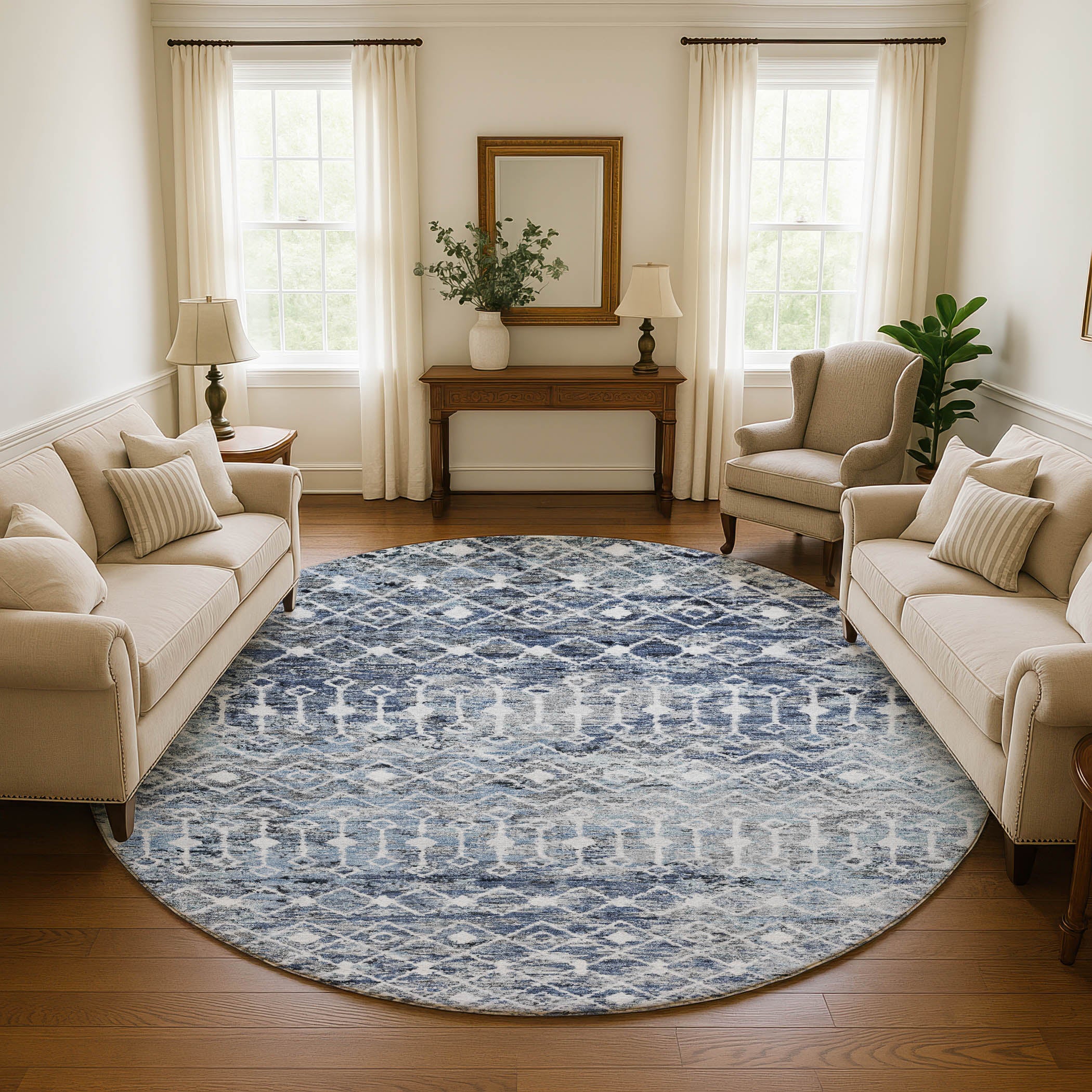 Mdina Machine Washable Transitional Blue Rug 8' x 8' #shape_Round