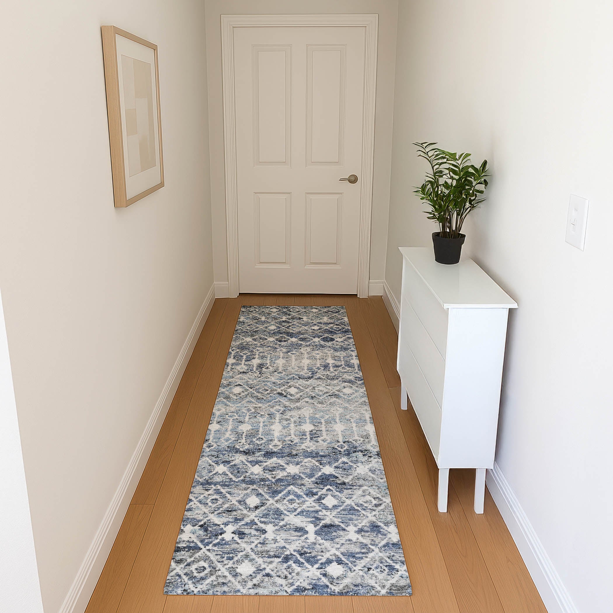 Mdina Machine Washable Transitional Blue Rug 2'3" x 7'6" #shape_Runner