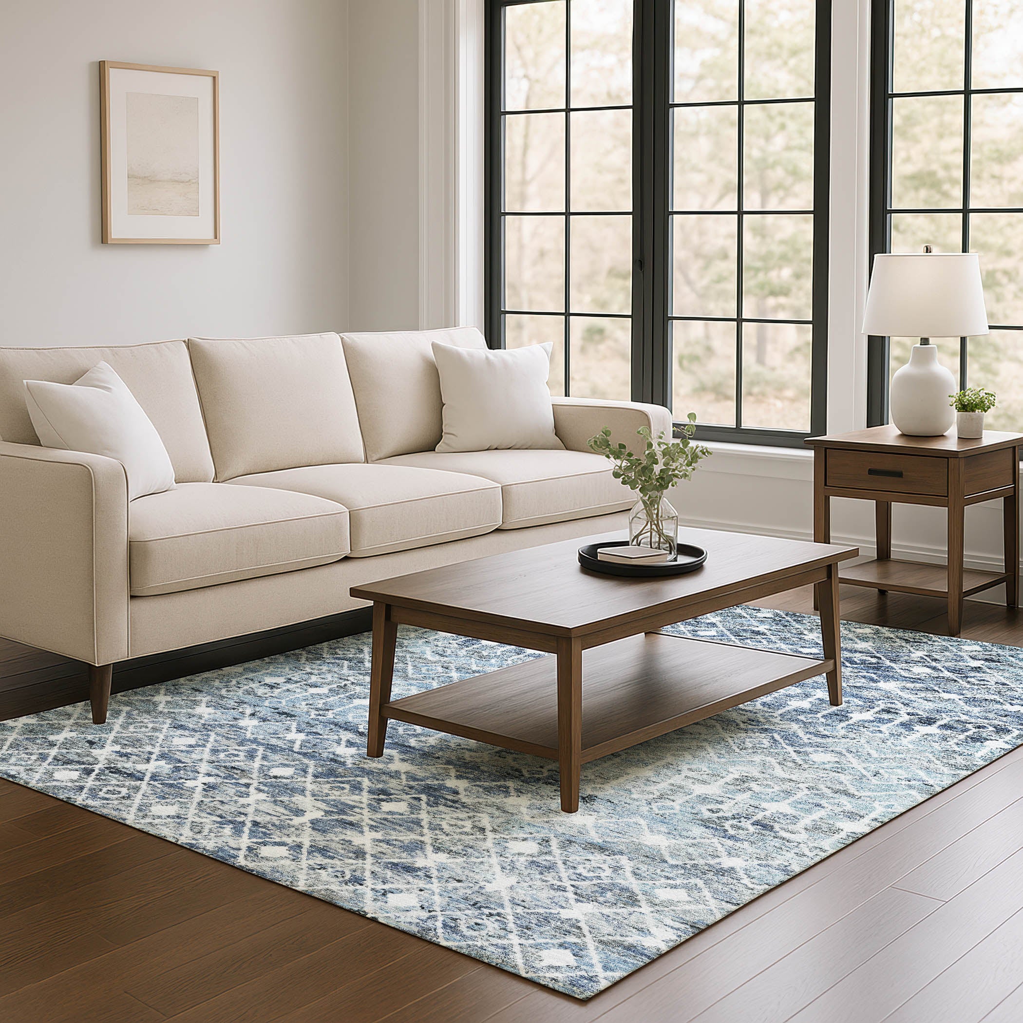 Mdina Machine Washable Transitional Blue Rug 2'6" x 3'10" #shape_Rectangle
