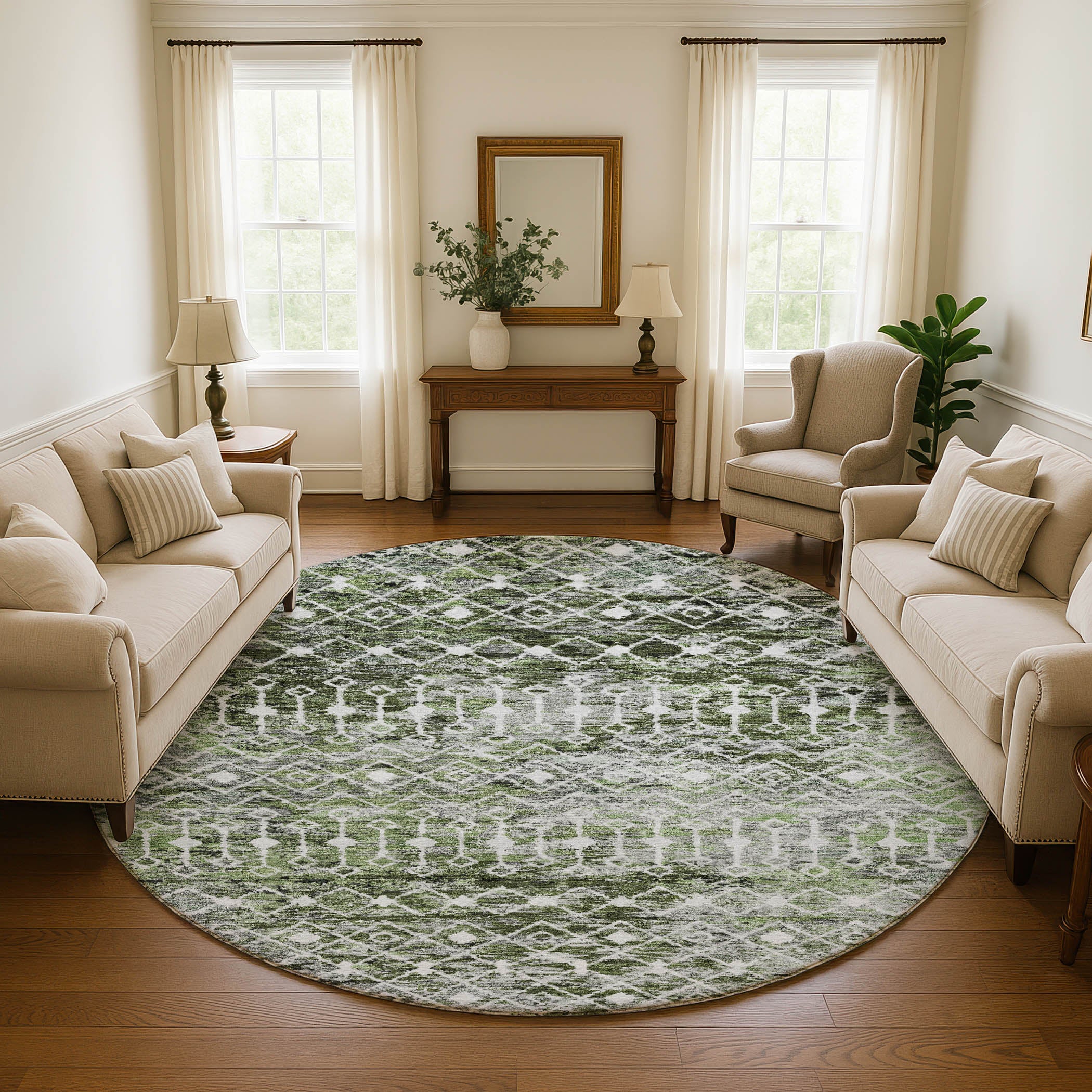 Mdina Machine Washable Transitional Olive Green Rug 8' x 8' #shape_Round