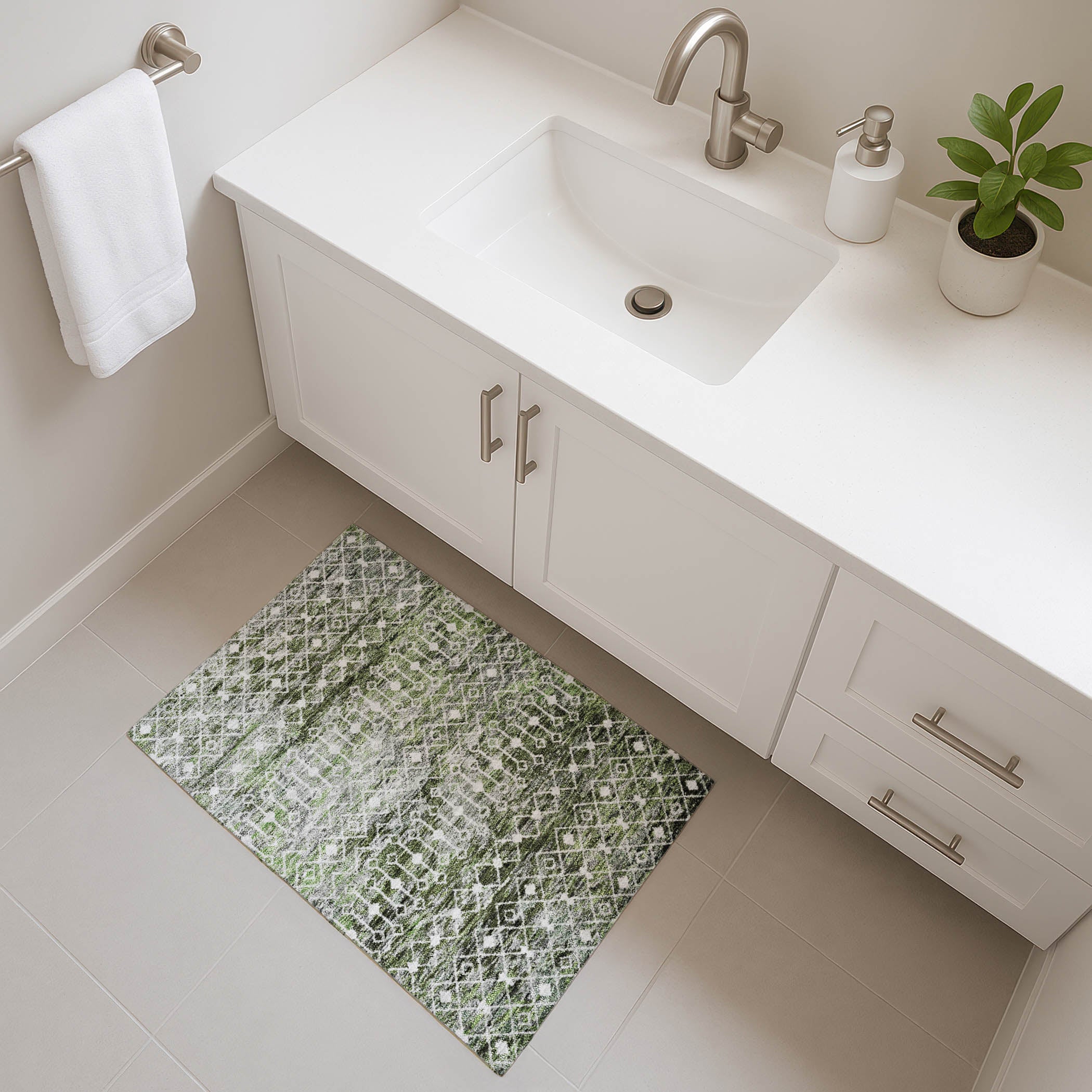 Mdina Machine Washable Transitional Olive Green Rug 1'8" x 2'6" #shape_Rectangle