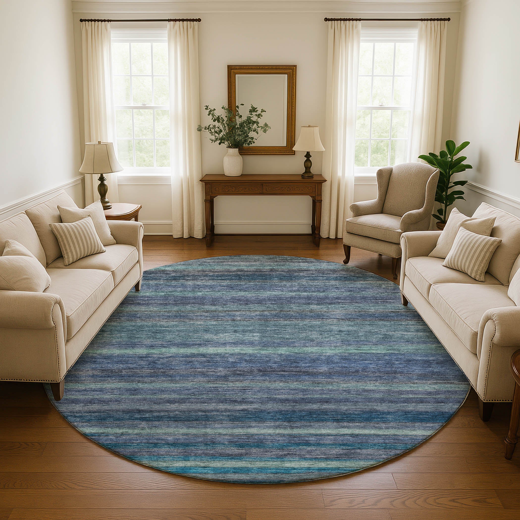 Athens Machine Washable Transitional Blue Rug 8' x 8' #shape_Round