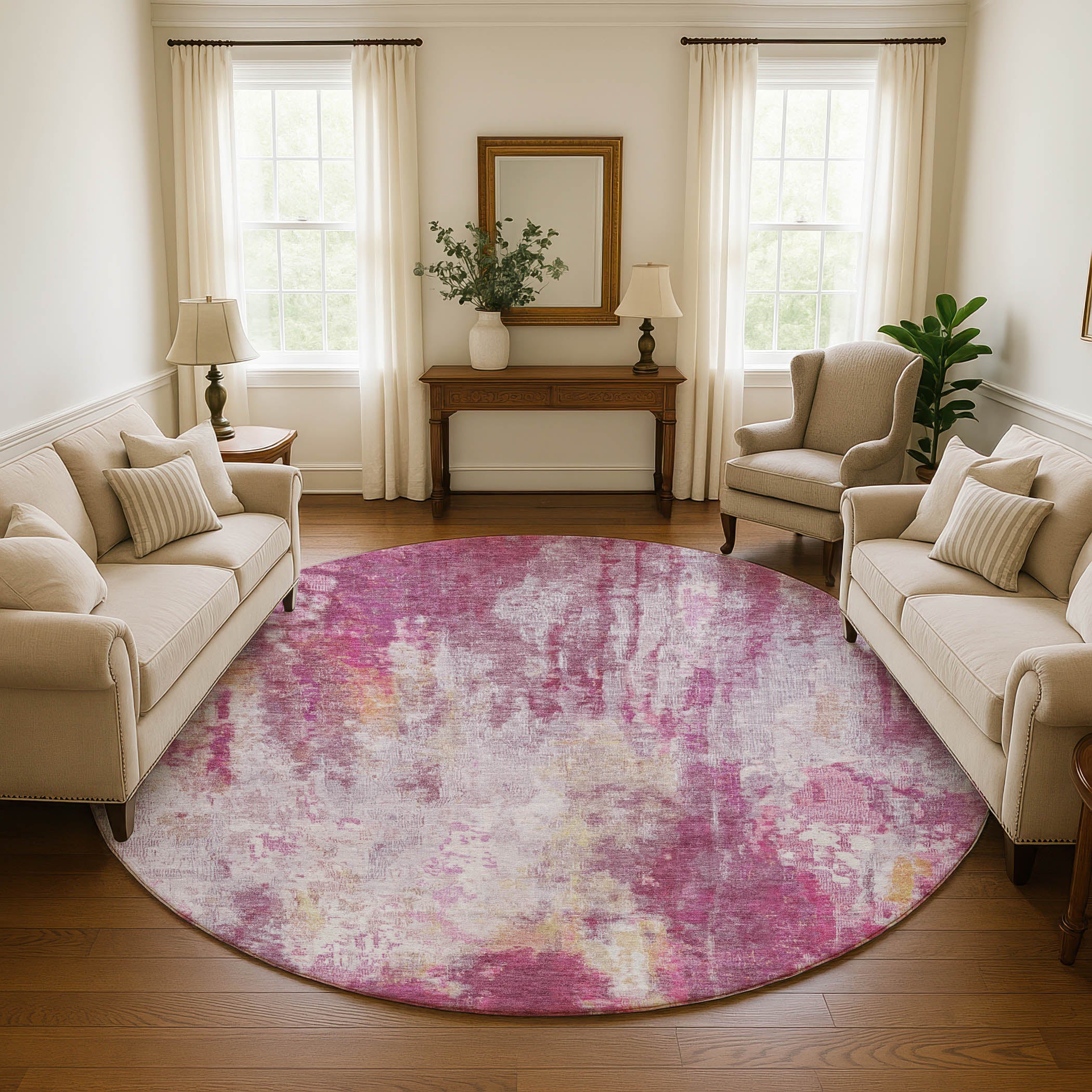 Luang Prabang Machine Washable Transitional Pink Rug 8' x 8' #shape_Round