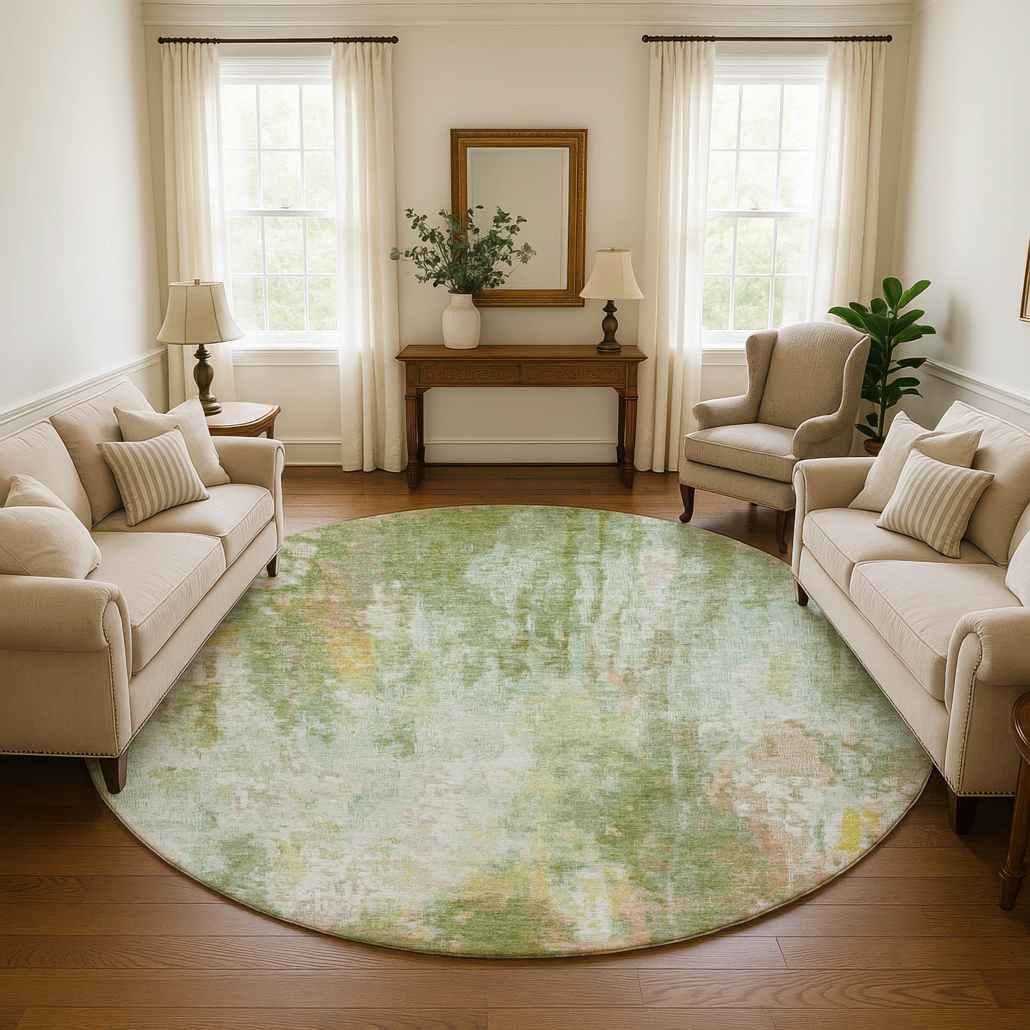 Luang Prabang Machine Washable Transitional Sage Green Rug 8' x 8' #shape_Round