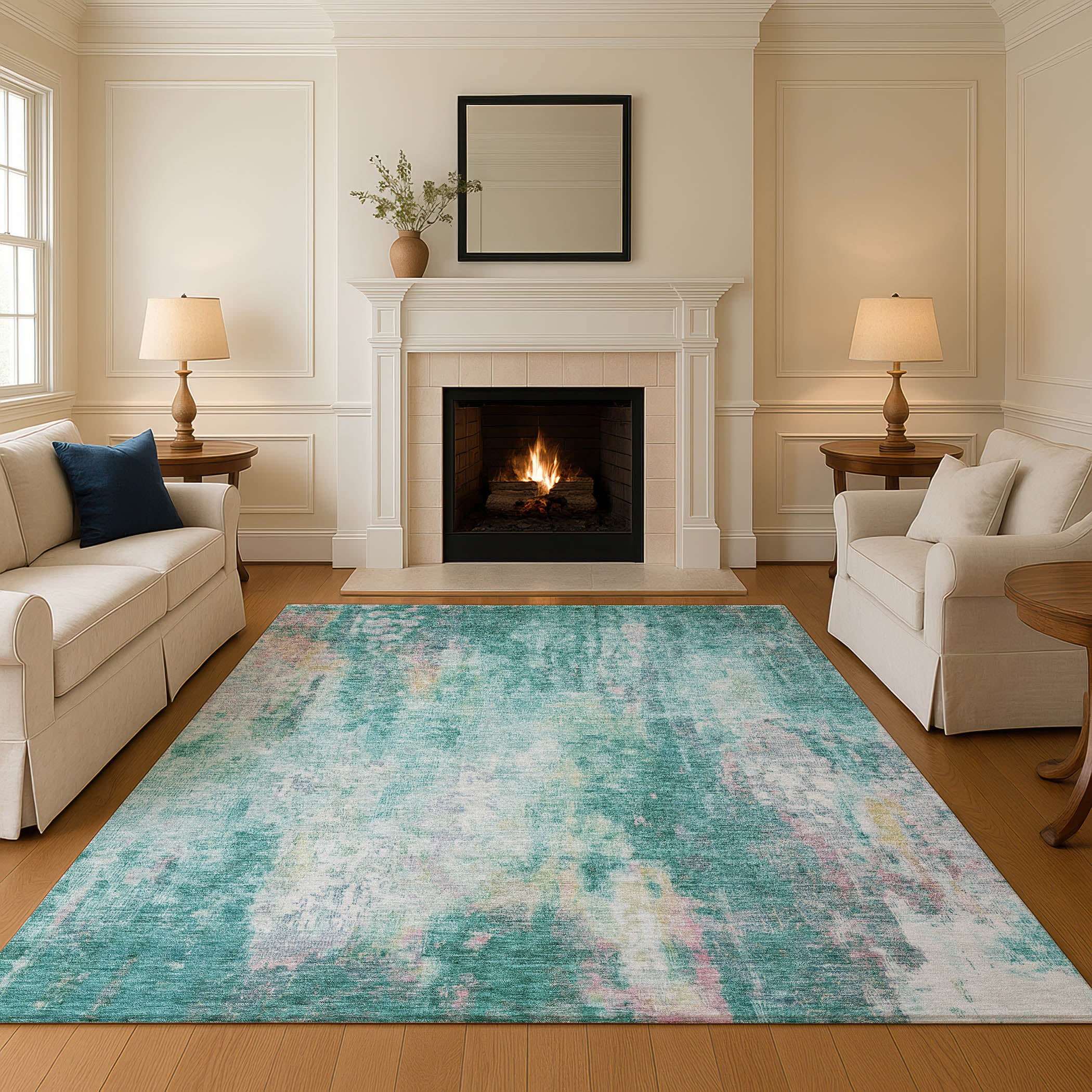 Luang Prabang Machine Washable Transitional Teal Rug 2'6" x 3'10" #shape_Rectangle