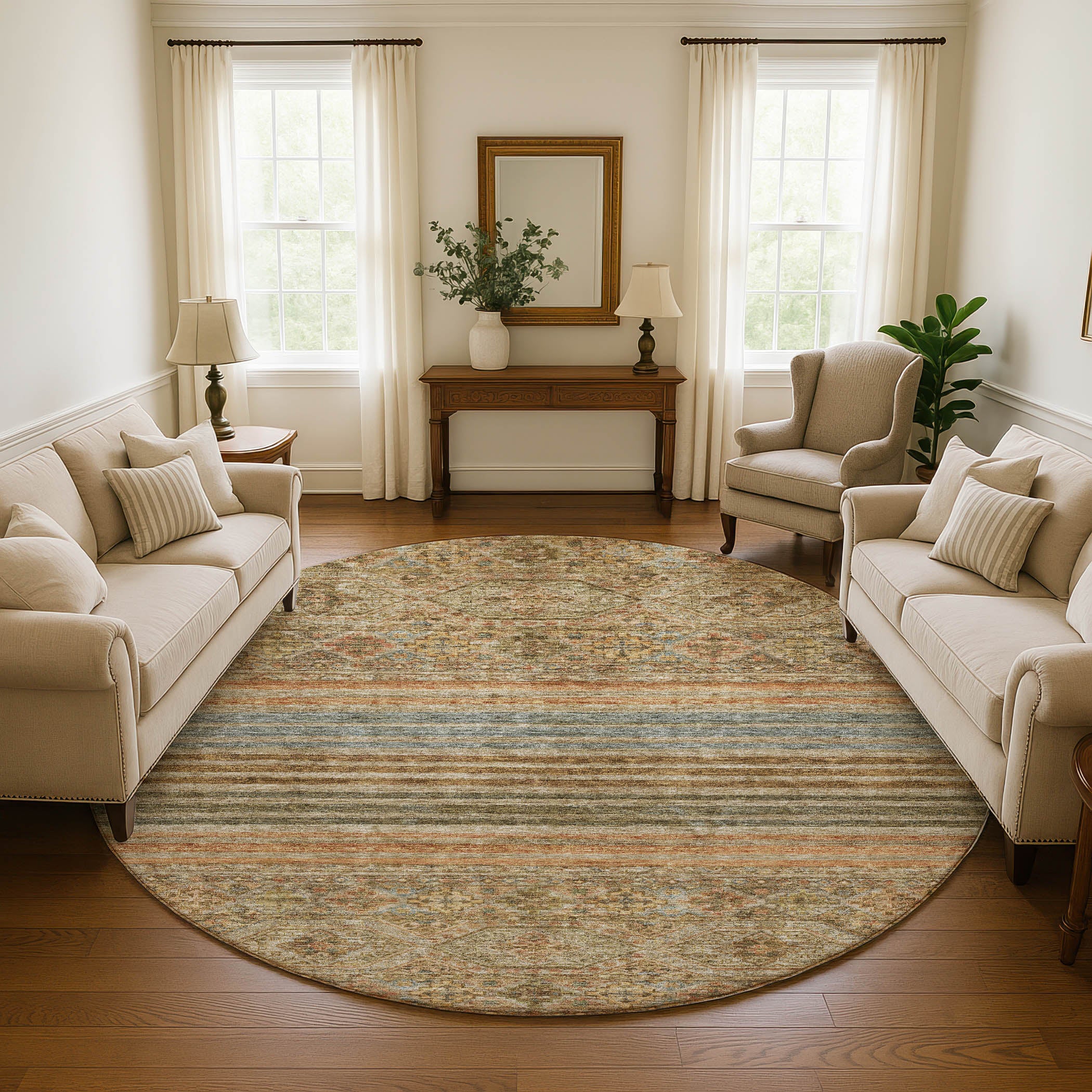 Kyoto Machine Washable Transitional Copper Orange Rug 8' x 8' #shape_Round