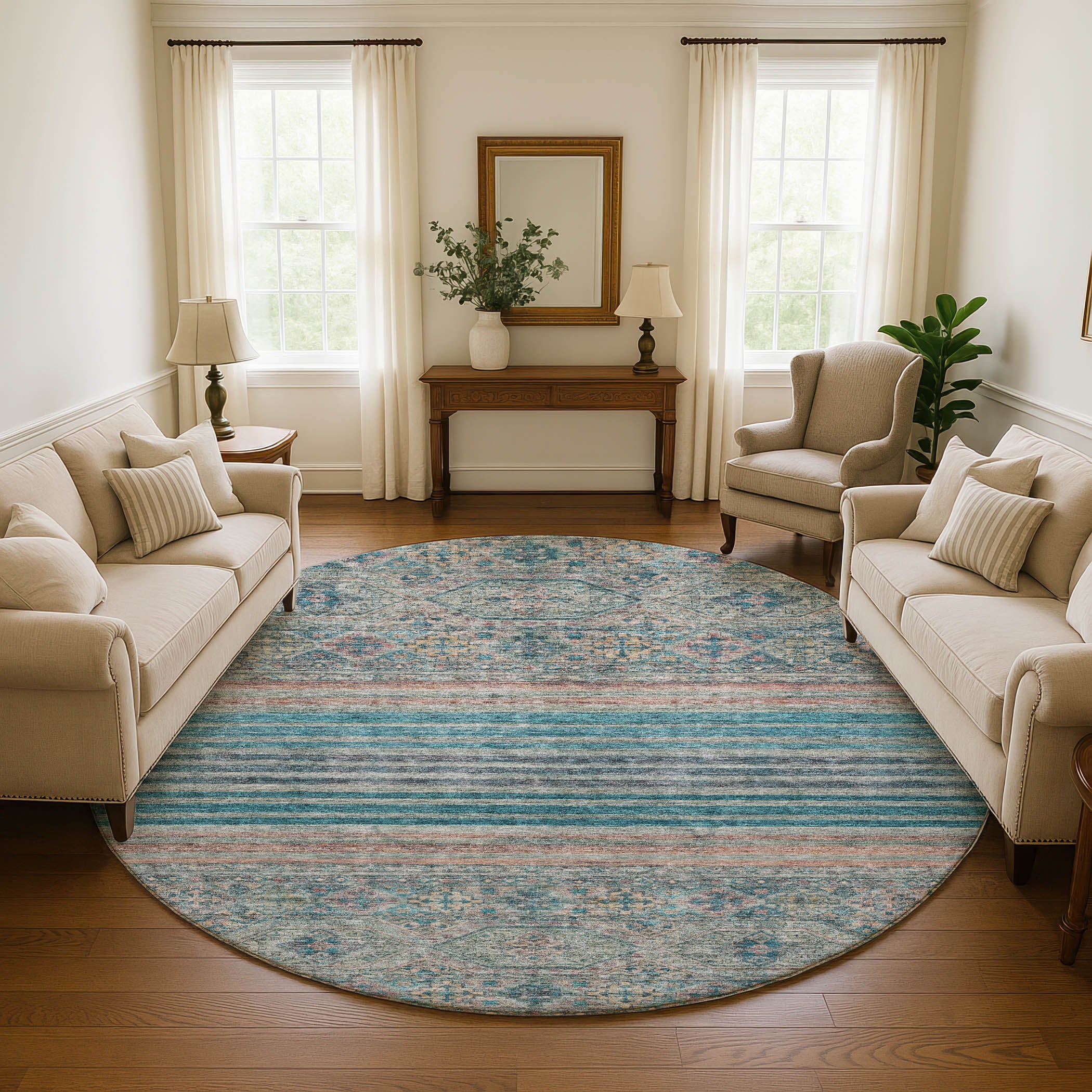 Kyoto Machine Washable Transitional Teal Rug 8' x 8' #shape_Round