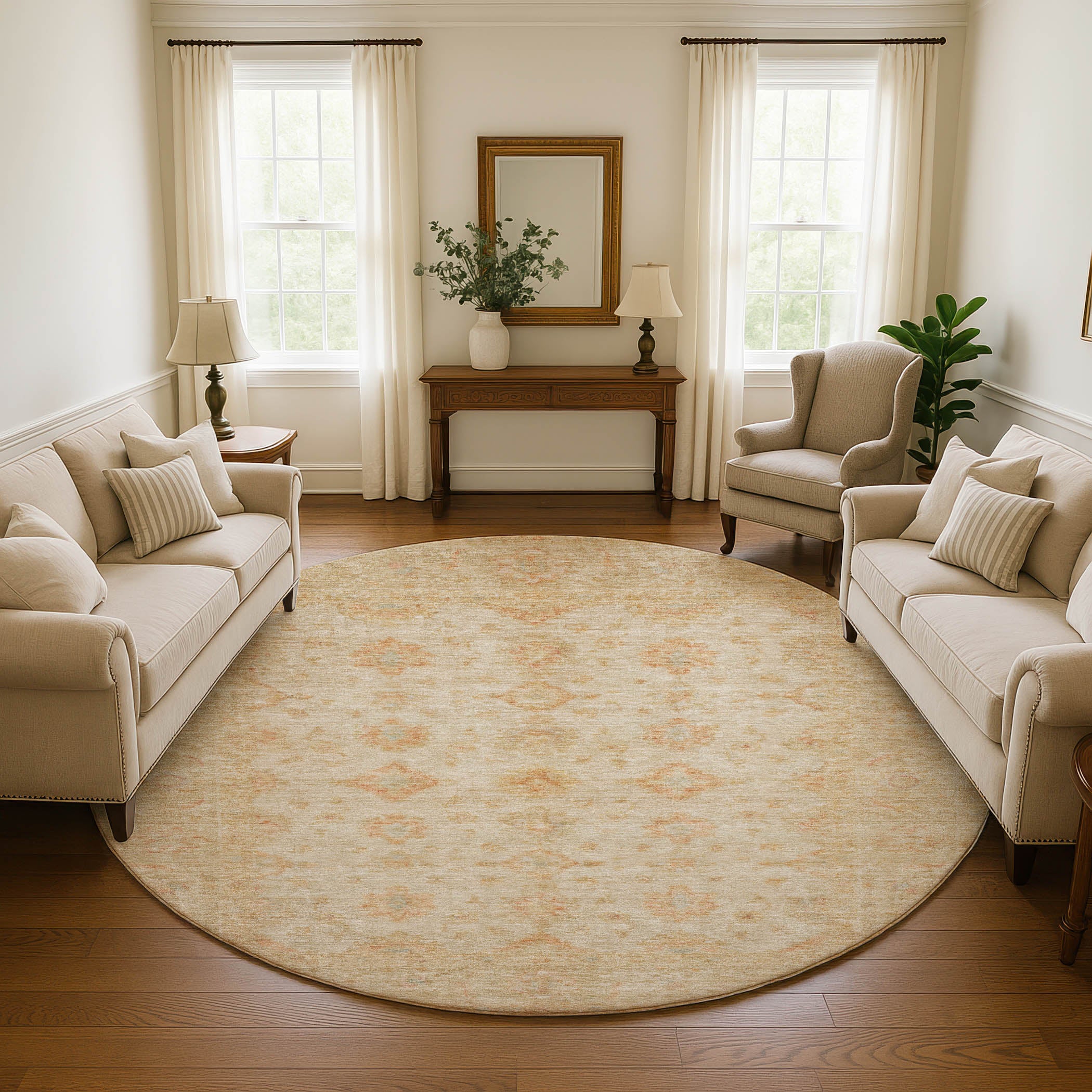 Chiang Mai Machine Washable Traditional Beige Brown Rug 8' x 8' #shape_Round