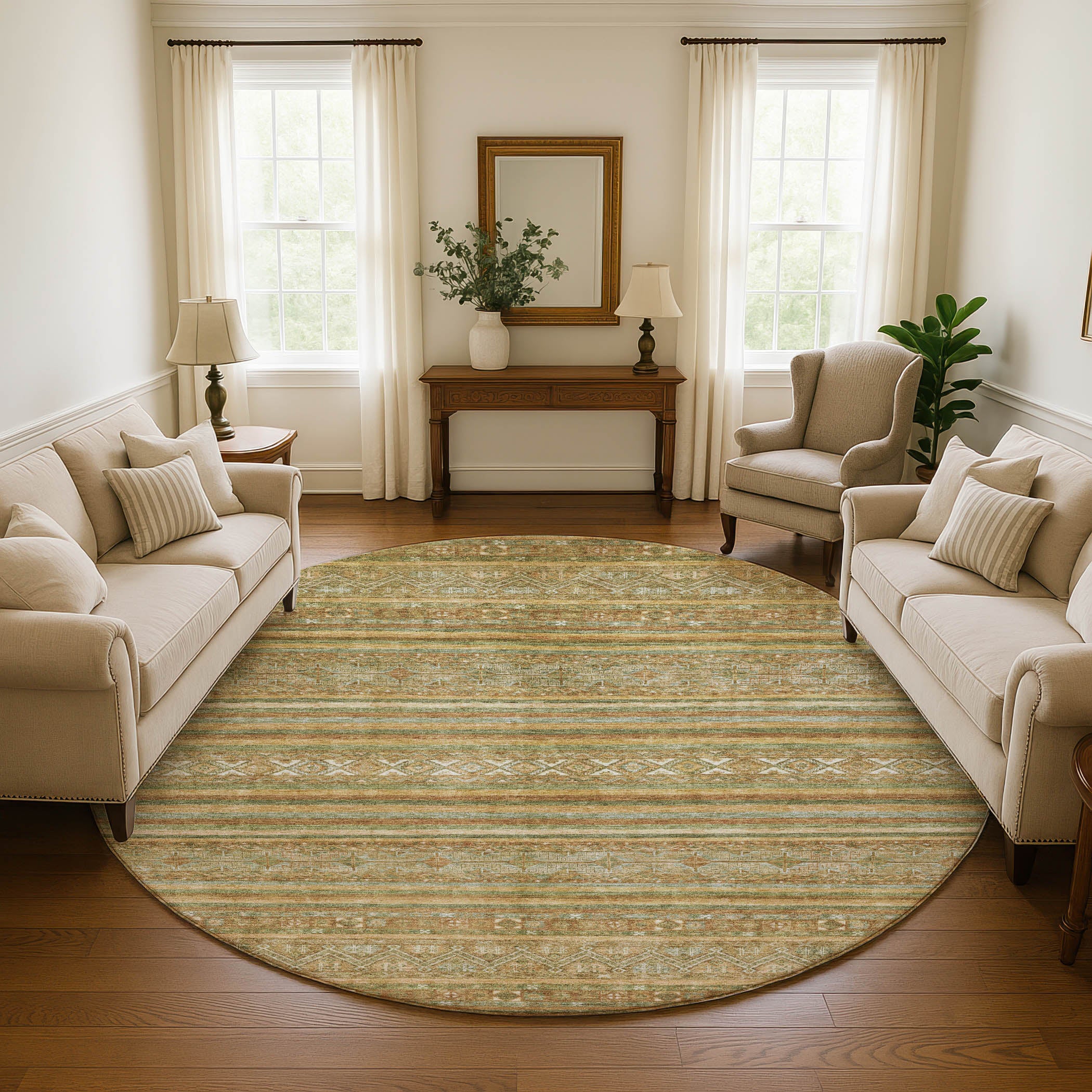 Seoul Machine Washable Transitional Aloe Green Rug 8' x 8' #shape_Round