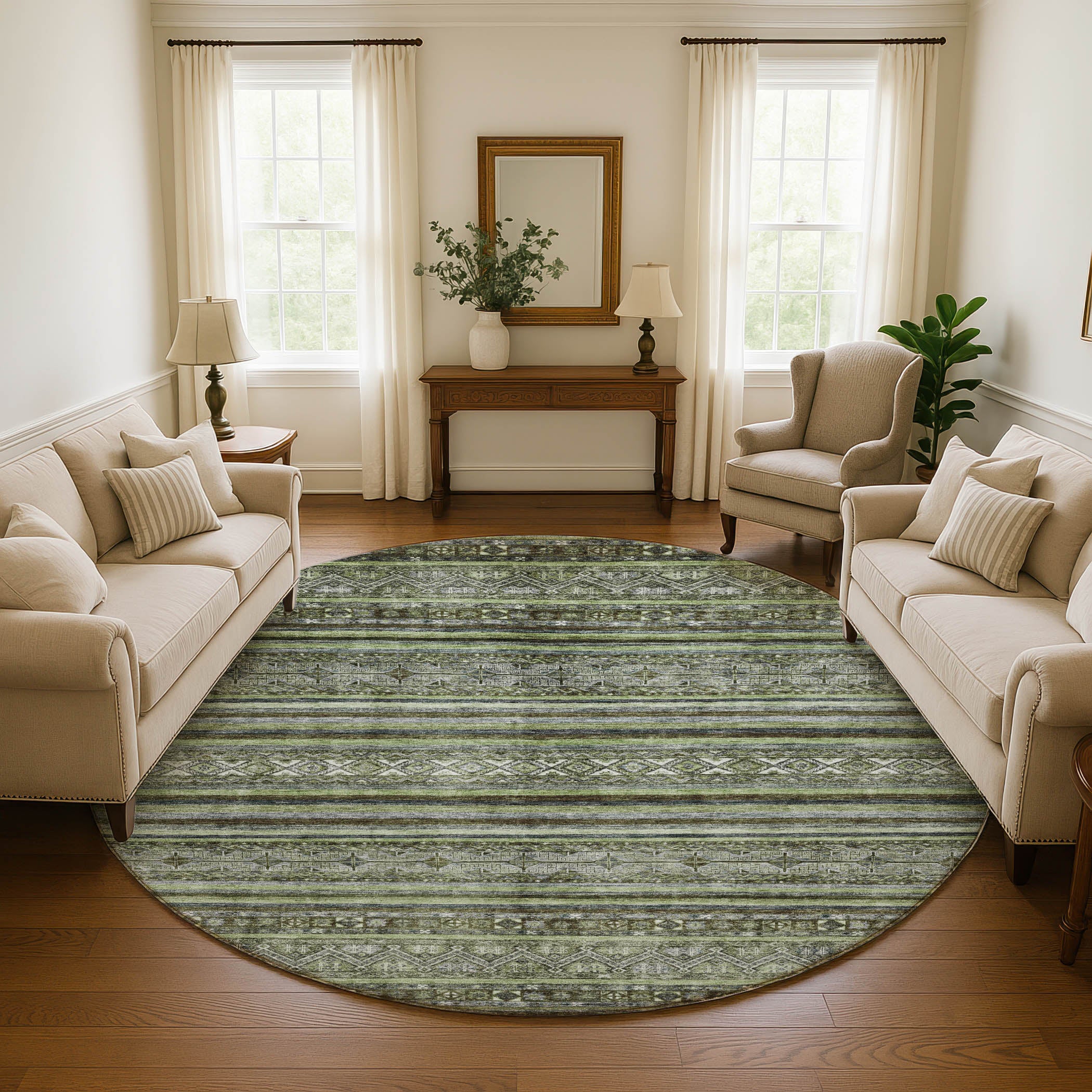 Seoul Machine Washable Transitional Olive Green Rug 8' x 8' #shape_Round