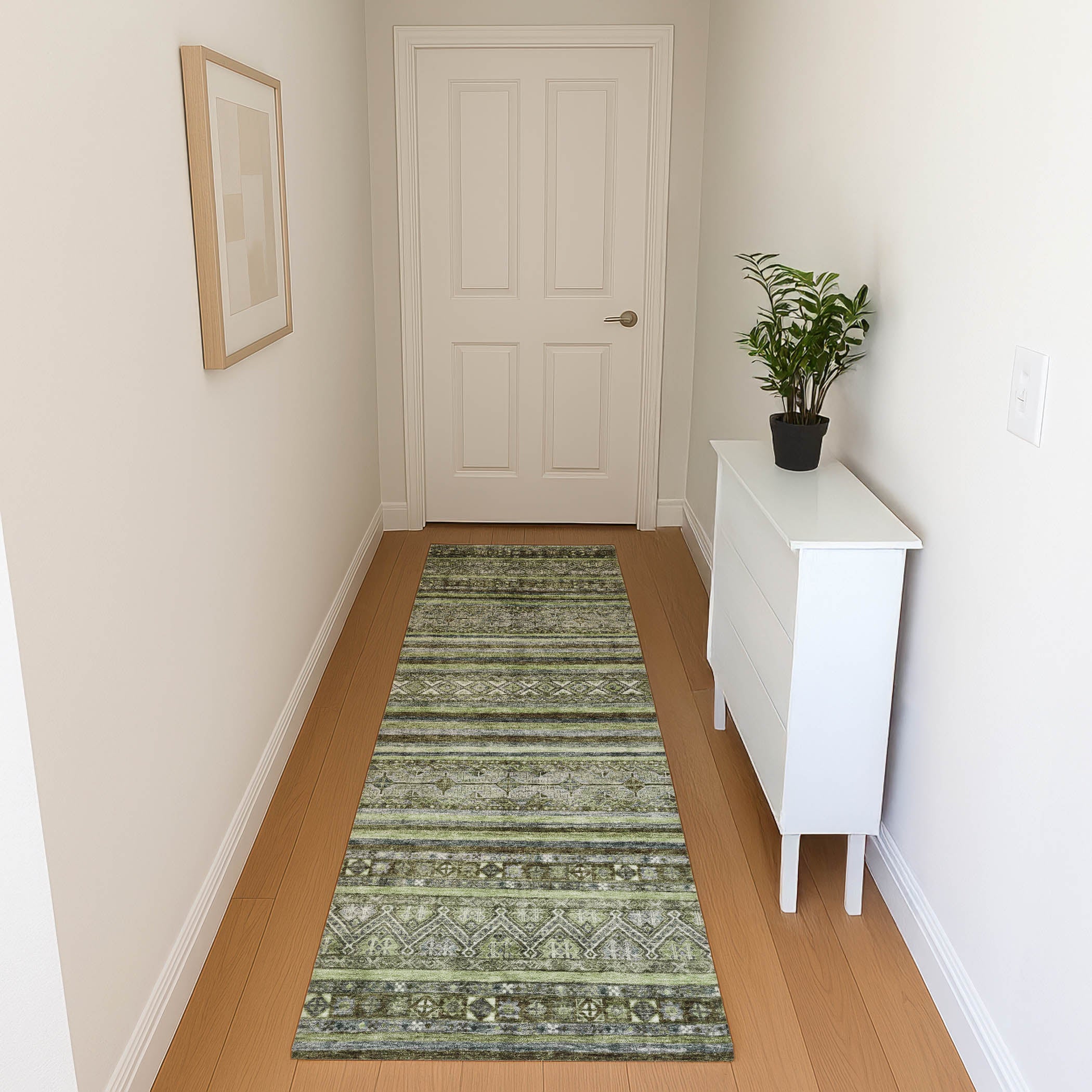 Seoul Machine Washable Transitional Olive Green Rug 2'3" x 7'6" #shape_Runner